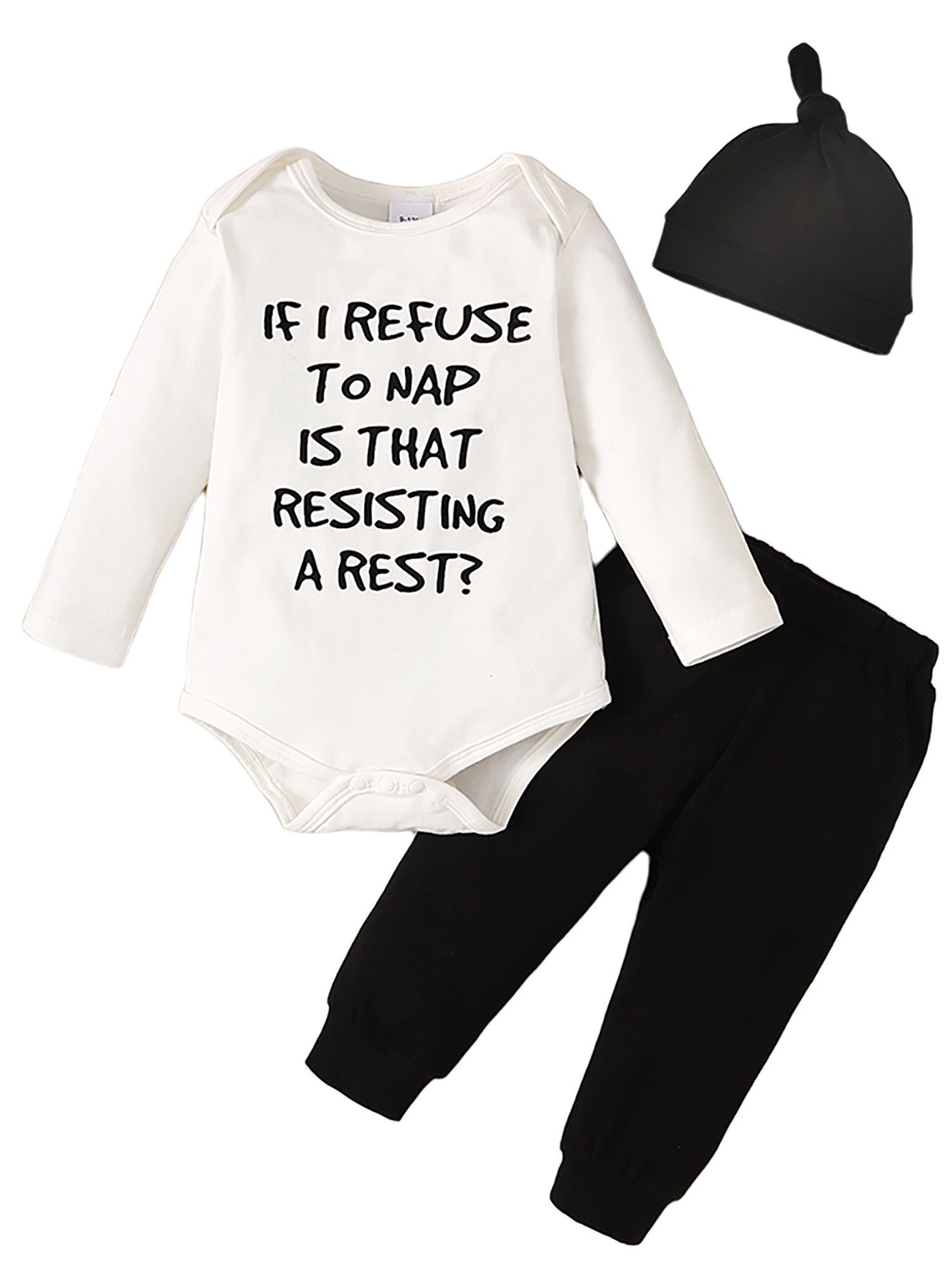Mütze Baby Briefdruck 3-tlg) & Leggings, Shirt, (Set, und Bund Weiß Strampler, Jungen elastischer Lapastyle Hose Jäckchen Mütze,