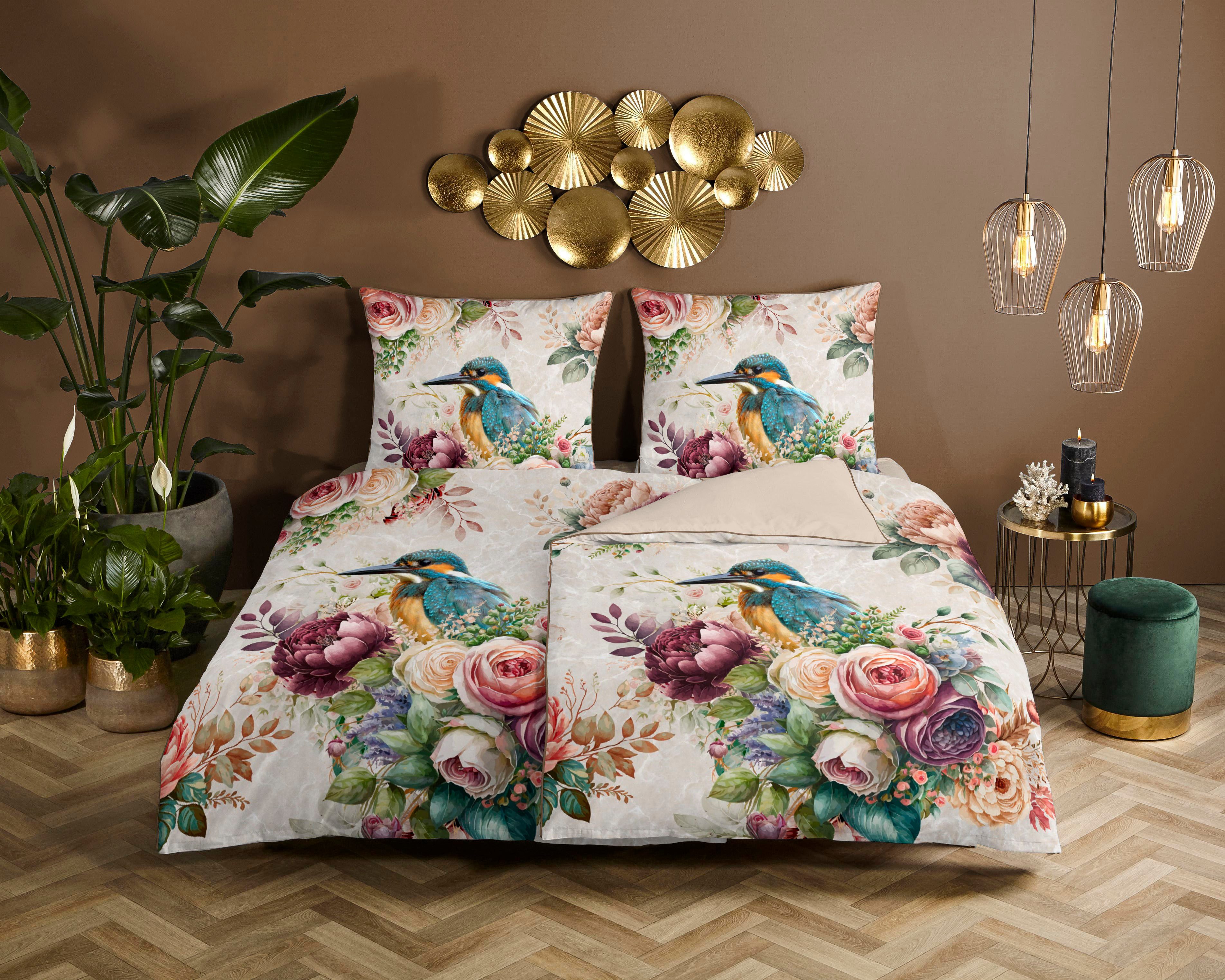 Descanso Wendebettwäsche Verde, Satin, 2 teilig, Mako Satin, 135x200, Biese, Reißverschluss, Wendeoptik, Blumen, Sand