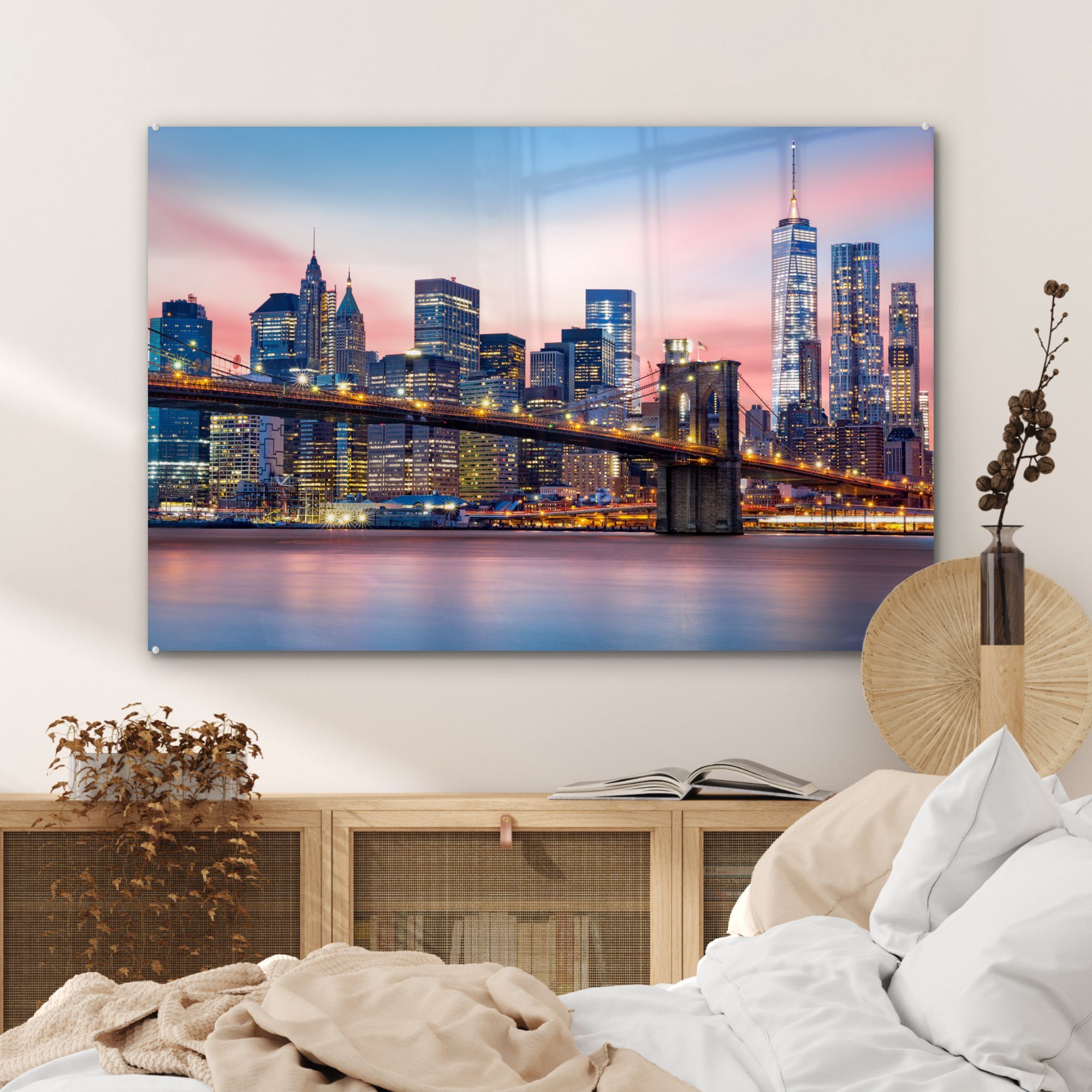 MuchoWow Acrylglasbild - Schlafzimmer Beleuchtung, Brooklyn-Brücke Acrylglasbilder St), - Wohnzimmer York New (1 &
