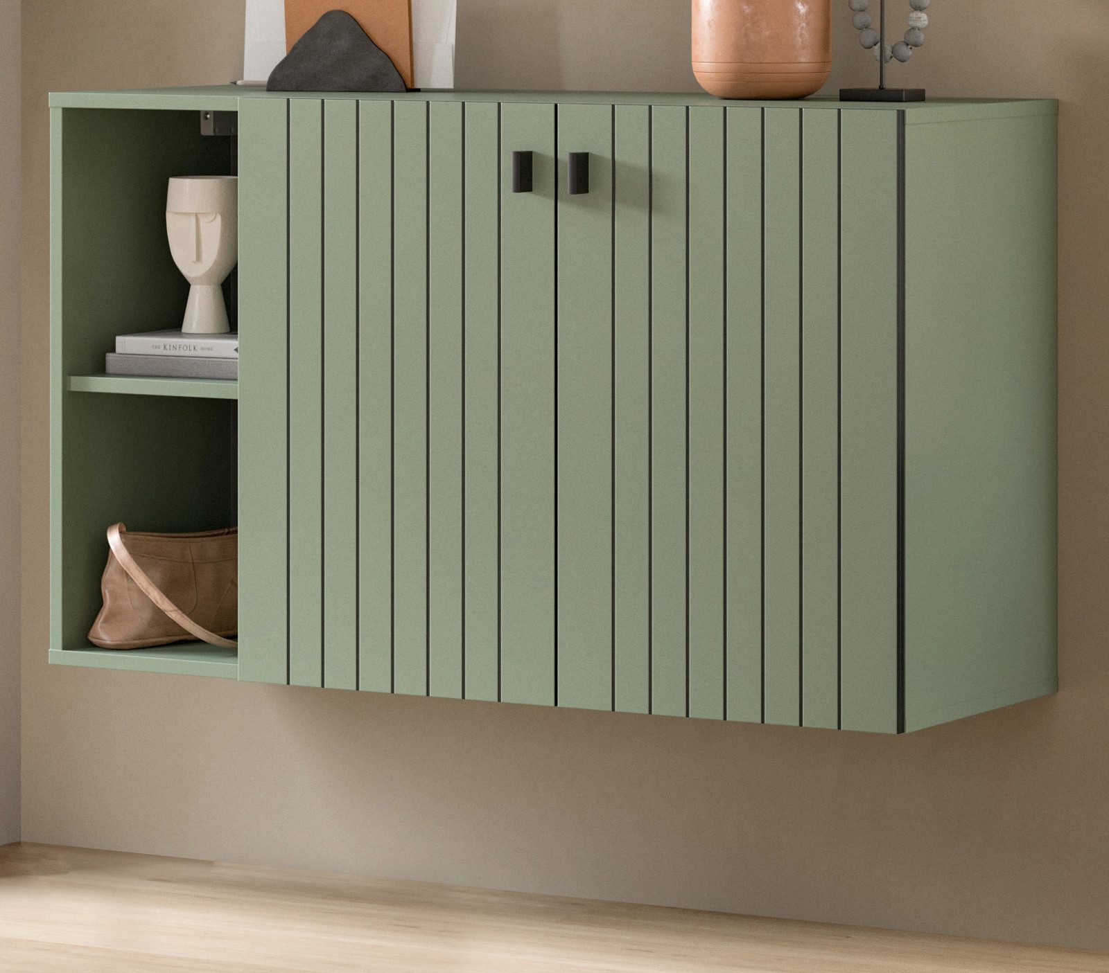 Inn.Furn Schuhkommode Loreno (Schuhschrank in Grün mit Leistenoptik, 106 x 61 (96) cm), mit viel Stauraum