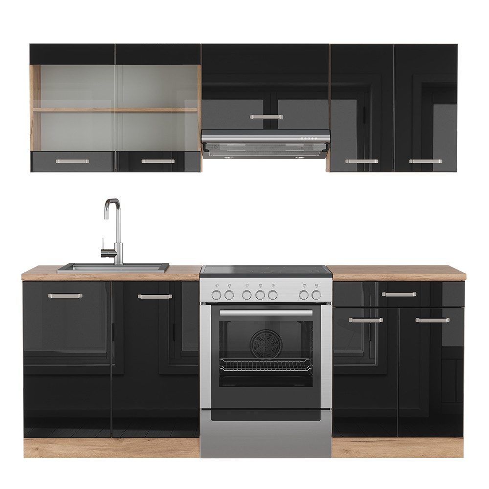 Vicco Küchenzeile R-Line, Schwarz Hochglanz/Goldkraft Eiche, günstig online kaufen