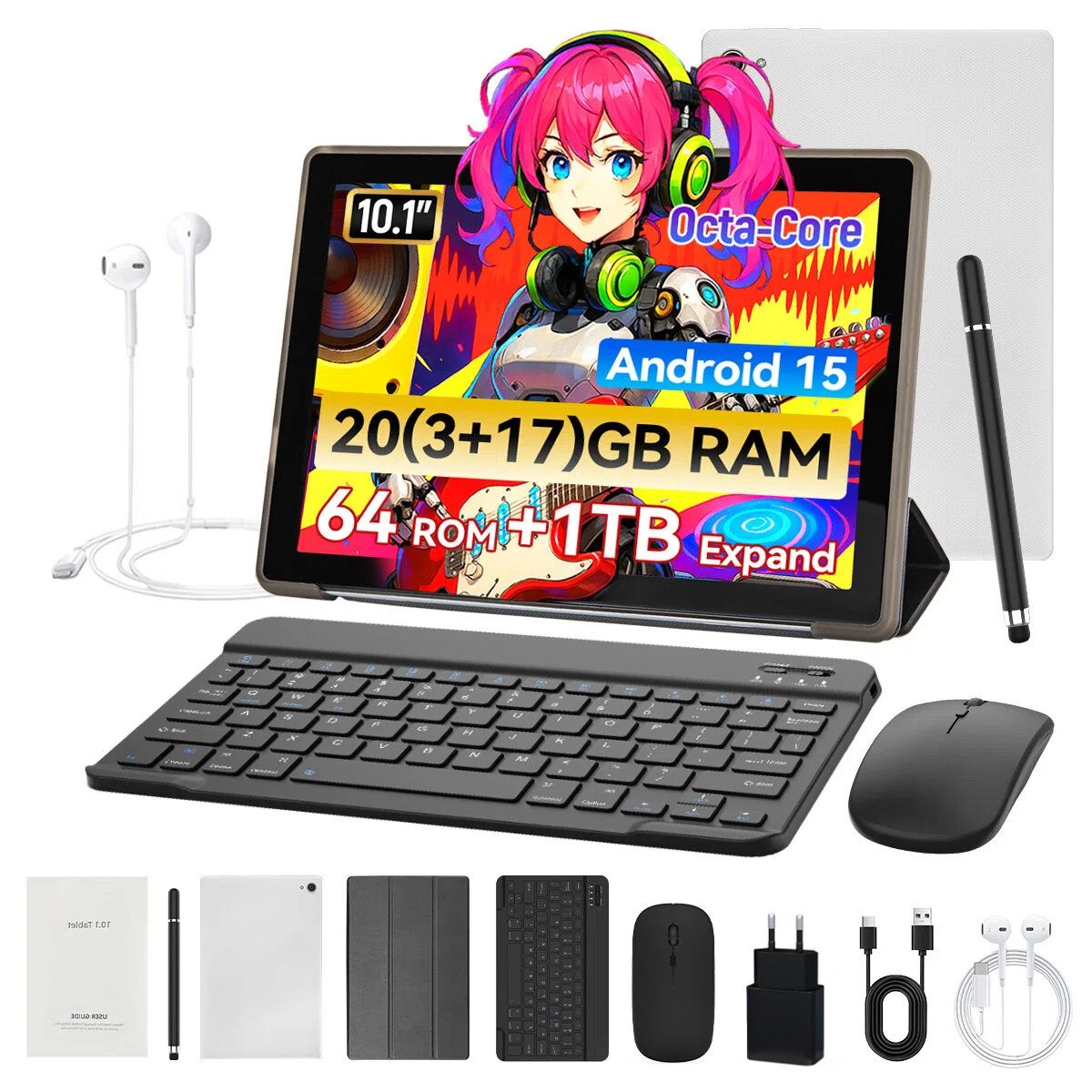 Happybe 10 Zoll, 20(3+17)GB RAM+64GB Android 15 mit Tastatur Stift Hülle Set Tablet (10,1", 64 GB, Android, WiFi, Octa-Core, WiFi 6, HD 1280x800, 5000mAh Akku)