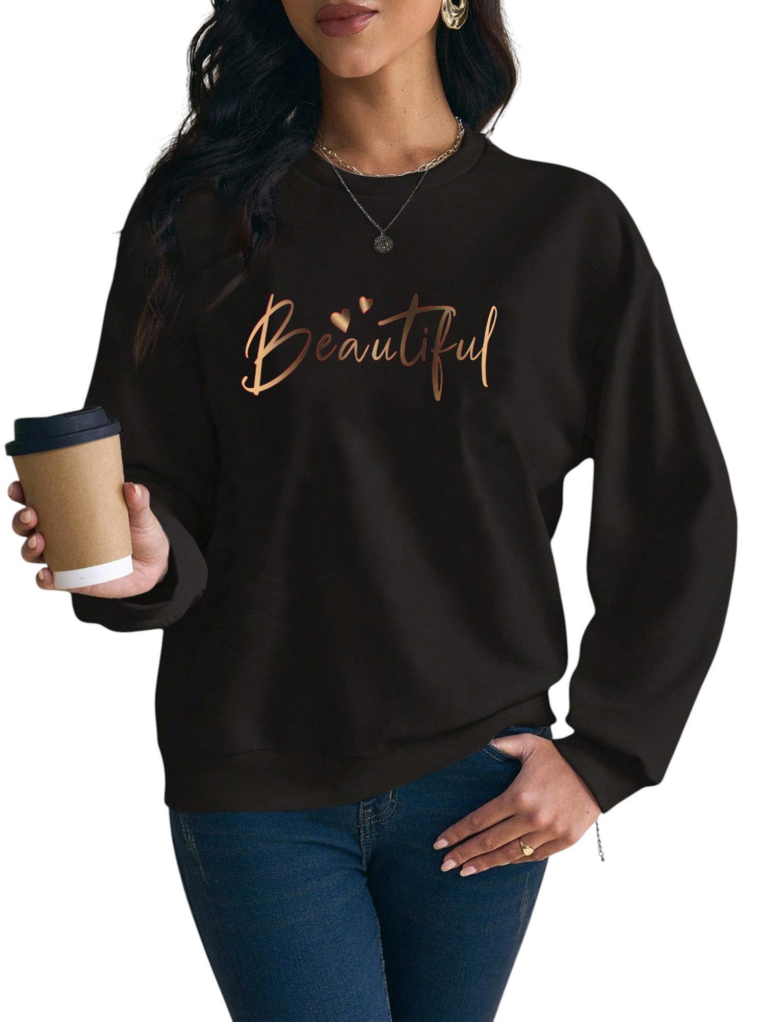 PYLIKE Fleecepullover Damen Rundhals Sweatshirt mit Print, Lockerer Langarm günstig online kaufen