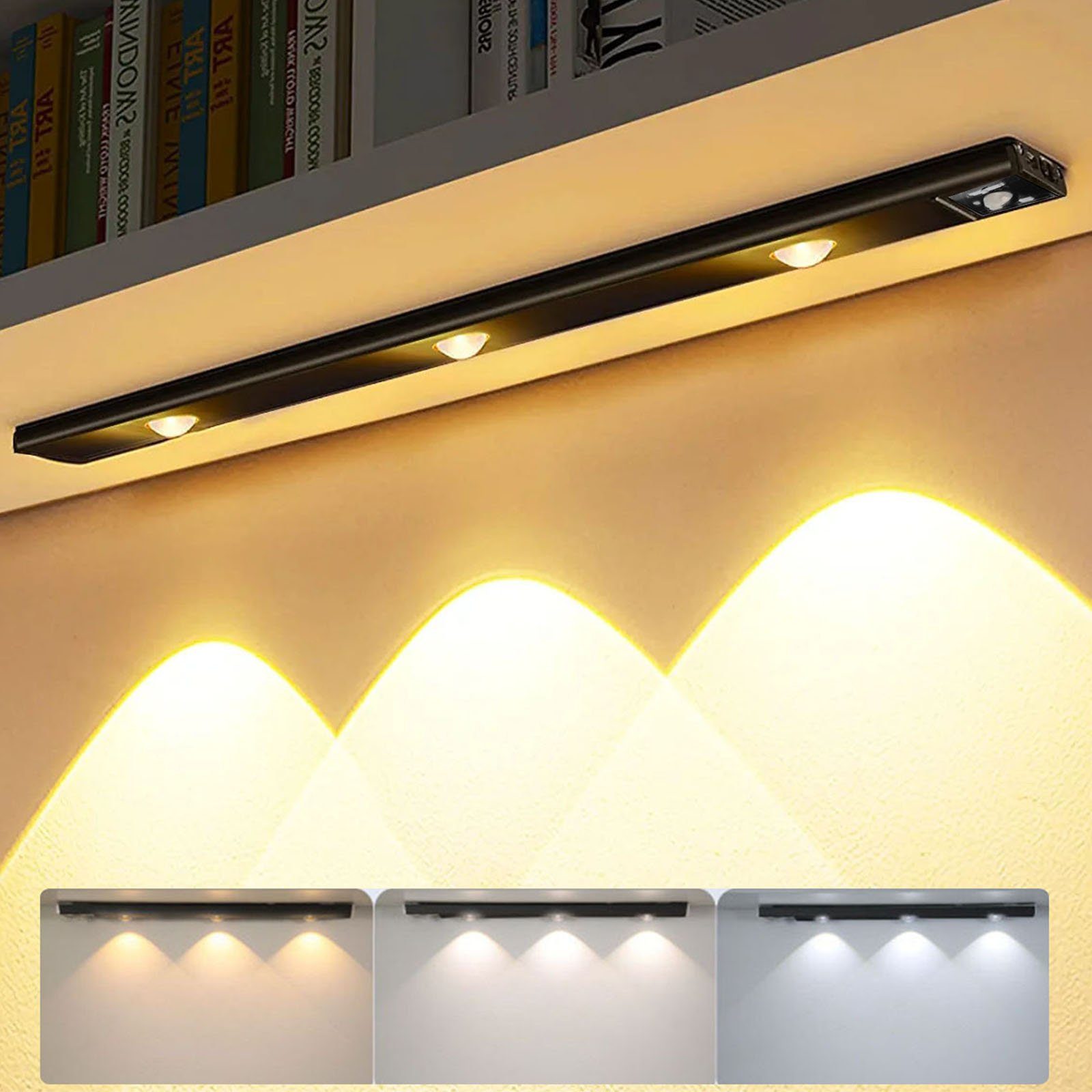 Rosnek LED Lichtleiste Wiederaufladbar, 3 Lichtfarben, dimmbar, für Schrank Garderobe Treppe, 3000K Warmweiß, 4500K Naturweiß, 6500K Kaltweiß, Küche Schlafzimmer Deko