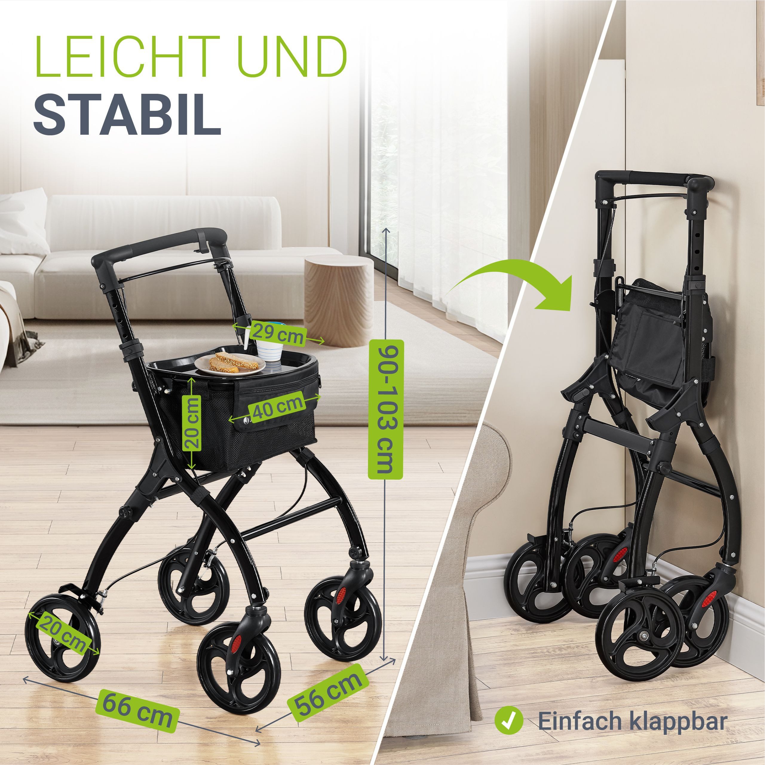 Juskys Indoor-Rollator Aktiv, für die Wohnung, mit Tasche & Tablett, schmal, verstellbar & faltbar