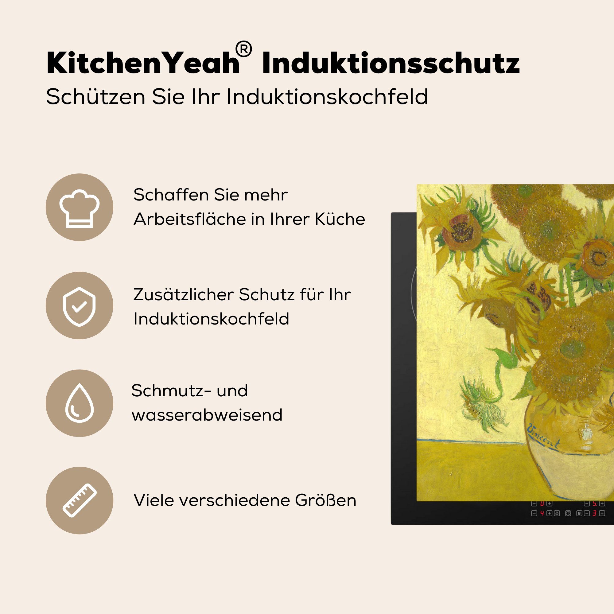 Vinyl, cm, Arbeitsplatte tlg), küche Sonnenblumen 78x78 van MuchoWow Ceranfeldabdeckung, Herdblende-/Abdeckplatte - für Vincent (1 Gogh,