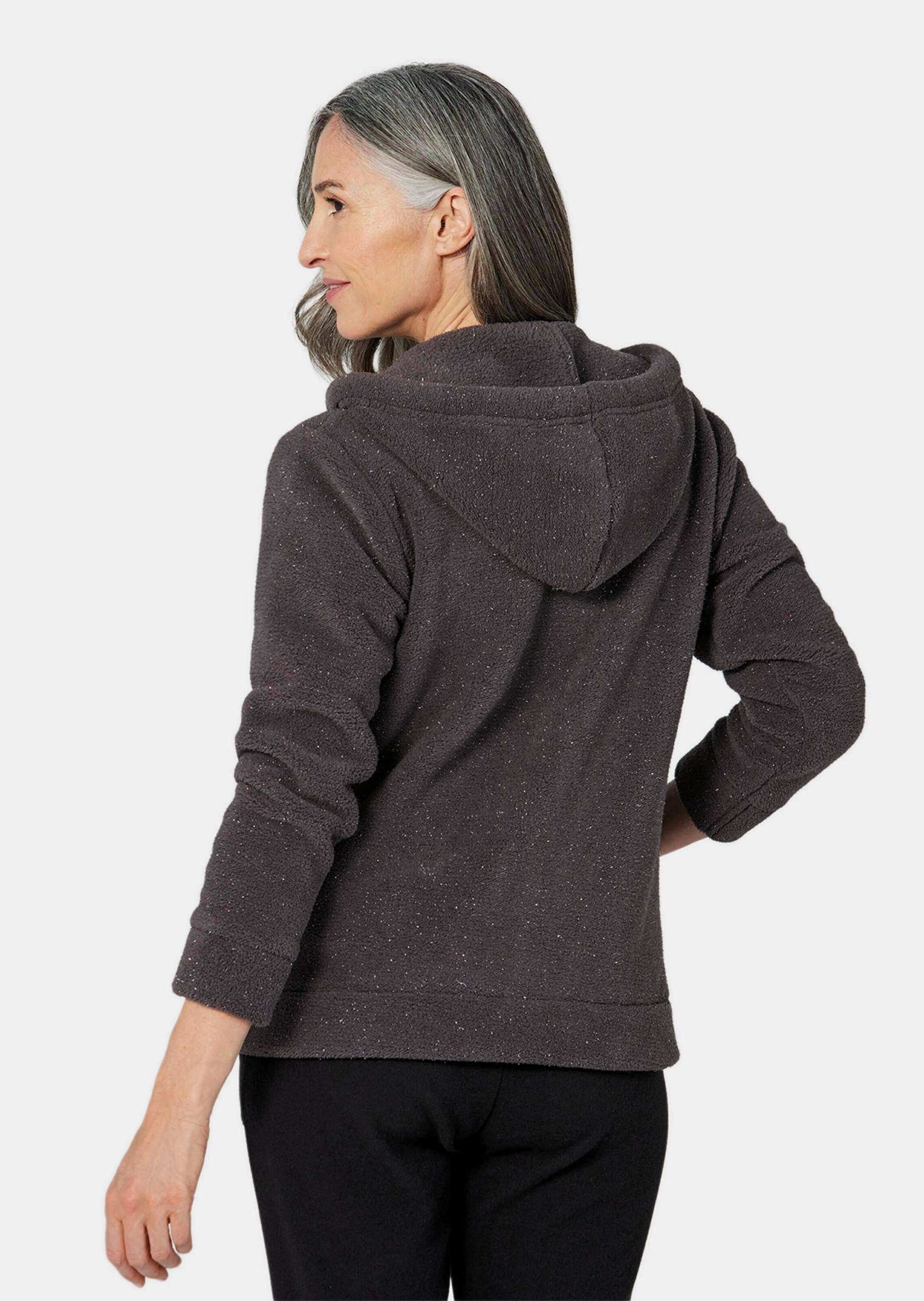 GOLDNER Strickjacke Flausch-Freizeitjacke in Blousonform Sweatjacke mit Kapuze mit breiter Kordel, Reißverschluss und Langarm