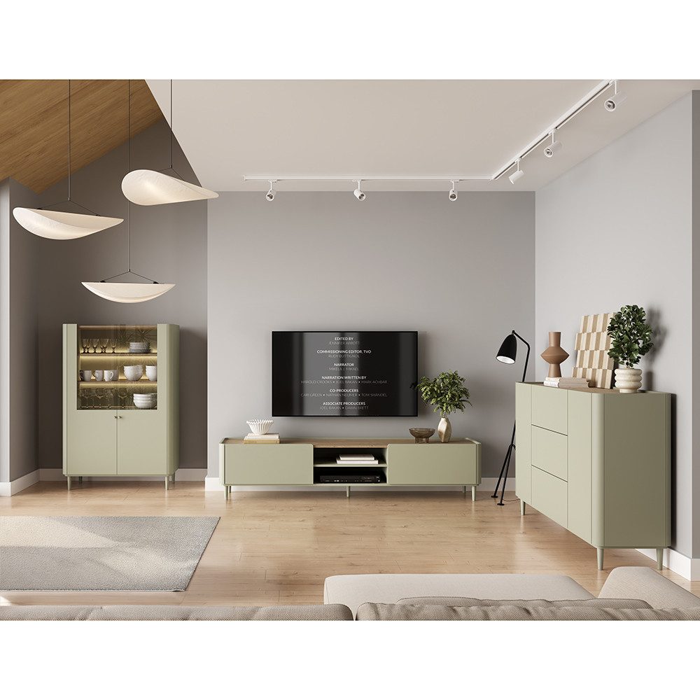 Lomadox Wohnzimmer-Set ELOY-141, (Mega-Spar-Set, 3-St., Kommode Lowboard Vitrinenschrank), Grün Eiche Dekor Holzfüße grifflos modern Softclose LED Beleuchtung