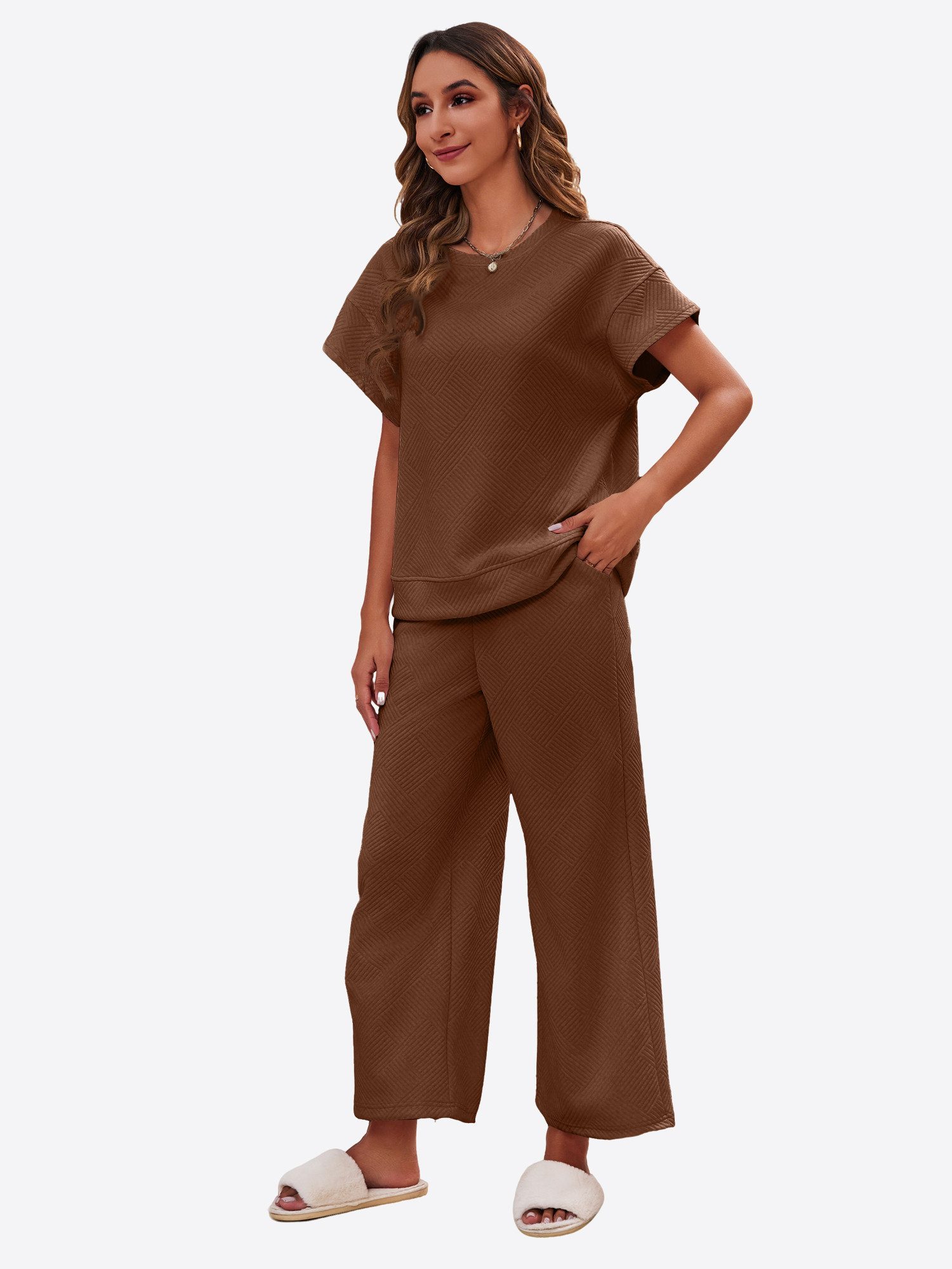 Imily Bela Hausanzug Damen Loungewear-Sets (Set, 1 tlg., Kurzarmtops + Cropped-Hosen mit weitem Bein) einfarbig – Bild 4 von 5