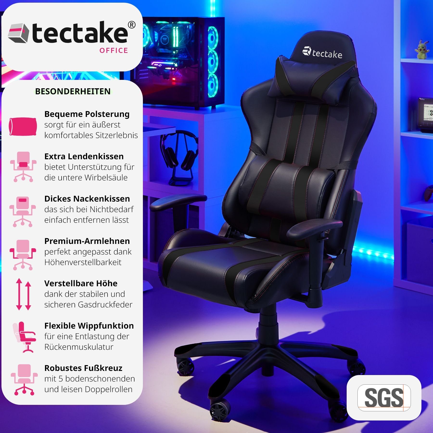 tectake Gaming-Stuhl Racing Gaming Stuhl (Set, 1 St), Extradicke Polsterung für weiches, bequemes Sitzen
