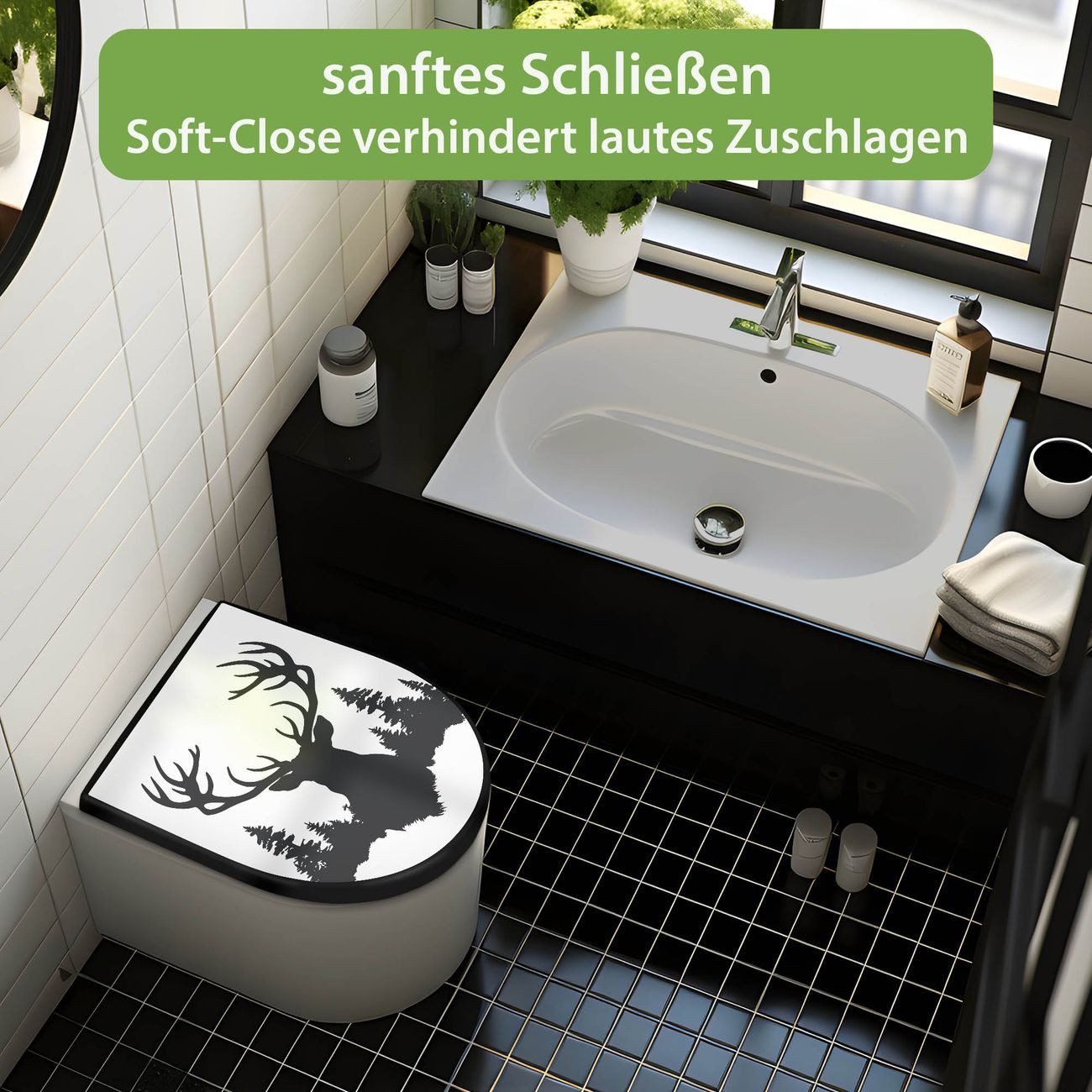 banjado WC-Sitz Premium D-Form mit Absenkautomatik Motiv Hirsch im Wald Silhouette (umweltfreundliches Material, Softclose Absenkautomatik), 45 x 36,4 x 4