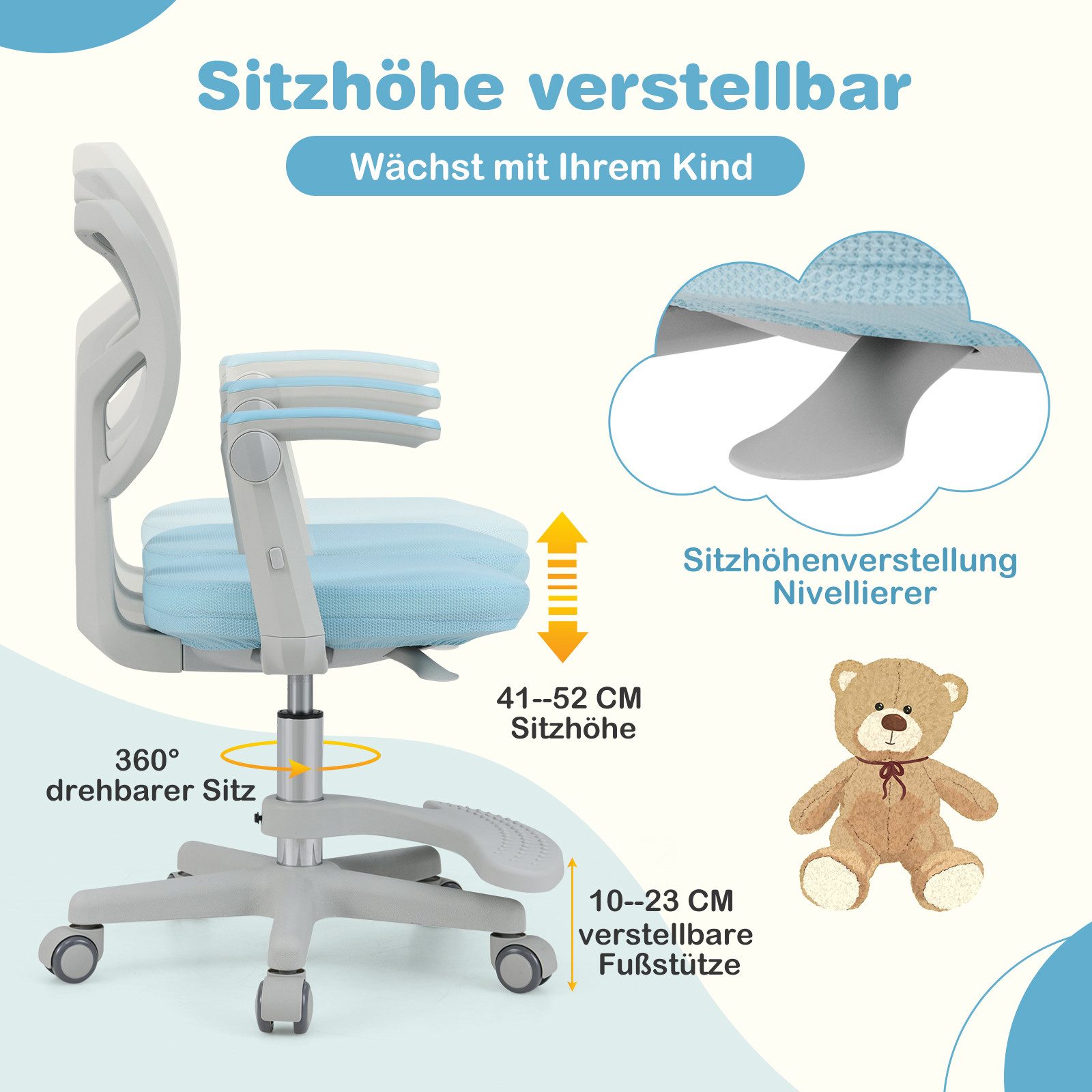 COSTWAY Drehstuhl, Kinder mit 5 Rollen, Schreibtischstuhl höhenverstellbar günstig online kaufen