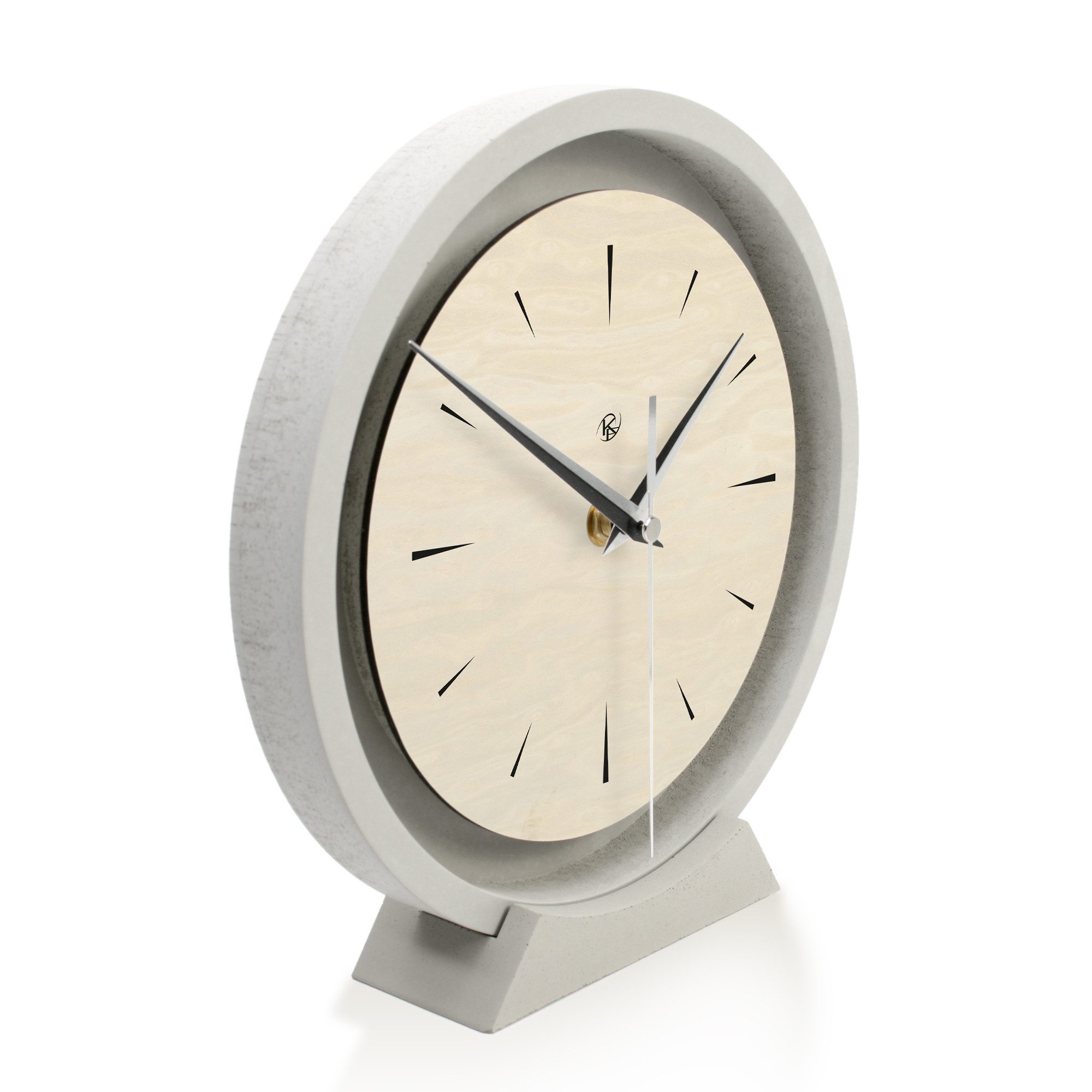 Kreative Feder Standuhr Tischuhr aus Beton im Industrial Look mit exklusivem Echtholzdekor, Minimalistische Deko-Uhr mit flüsterleisem Uhrwerk (Funk o. Quarz)