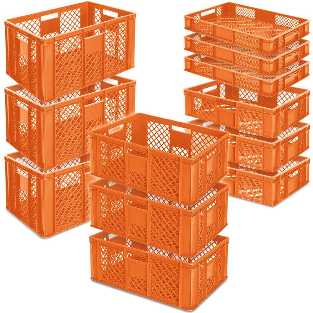 BRB-Lagertechnik Stapelbox 12x Stapelkorb/Bäckerkisten in 4 Größen, Grundmaß LxB 600x400 mm, Euro-Behälter aus hochwertigem, formstabilem Polyethylen-Kunststoff