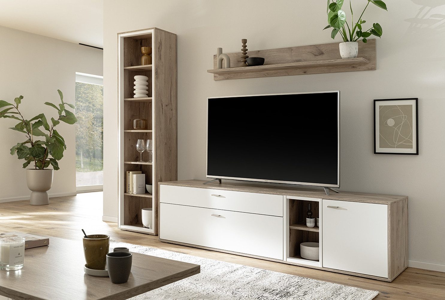 MCA furniture Wohnwand (3-teilig) in weiss / Eiche Dekor - 264x197x50 (BxHxT), (3-teilig)