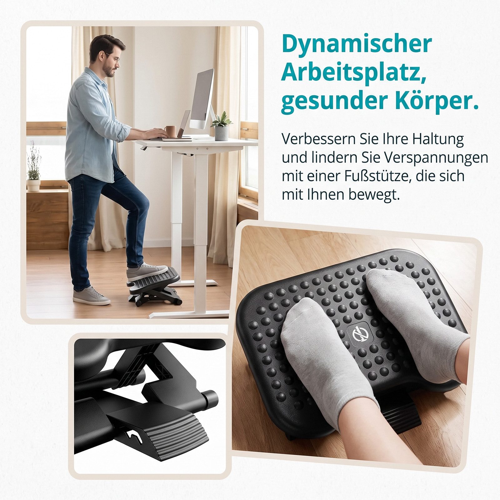 AKKEE Fußhocker Ergonomische Schreibtisch 3 höhenverstellbar und winkelverstellbar, rutschfeste Fußstütze für Homeoffice, Büro, Zuhause, Reisen – Bild 5 von 5