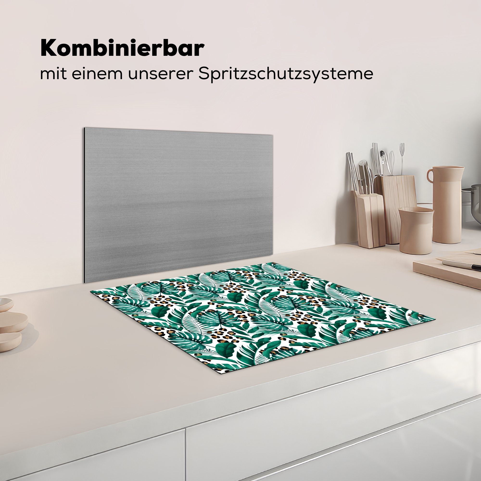 Tropisch tlg), MuchoWow Küchen Dschungel, für Blätter - cm, Herdblende-/Abdeckplatte Dekoration Vinyl, Induktionsherd, 58x51 - Induktionskochfeld (1