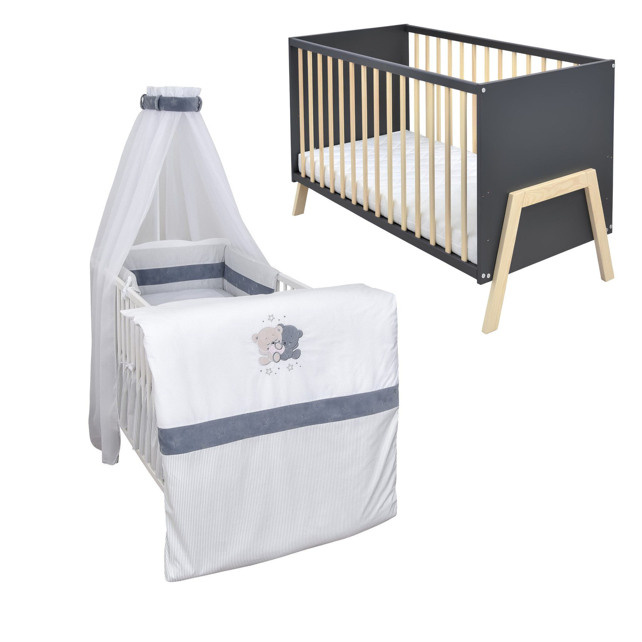 Baby-Delux Komplettbett Babybett Juna Komplettset Anthrazit, 10-tlg., Kinderbett 60x120 cm Bettset verschiedene Designs