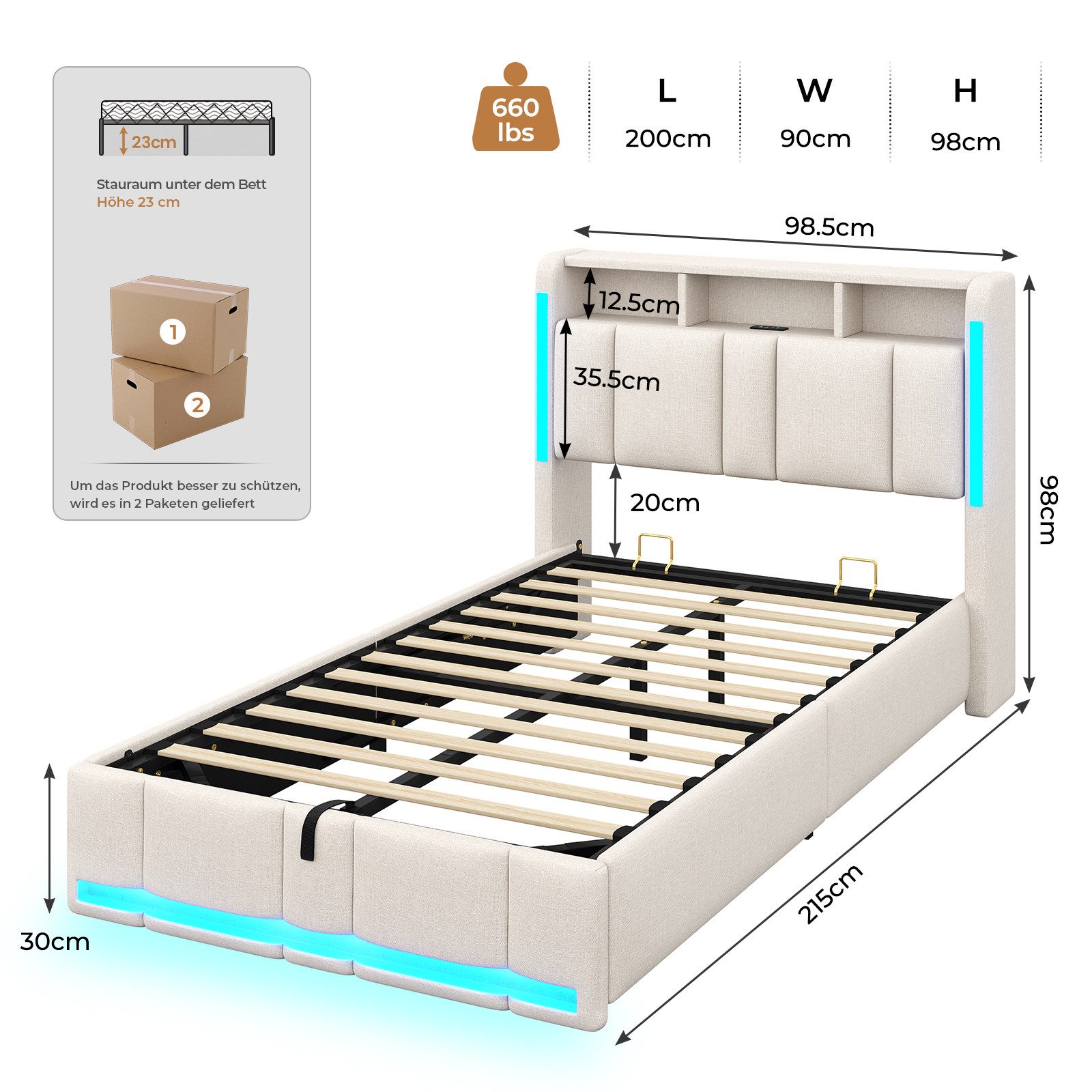 MSMASK Polsterbett 90×200cm, Bett mit Steckdosen & LED Beleuchtung, Stauraum und Kopfteil (Ohne Matratze)