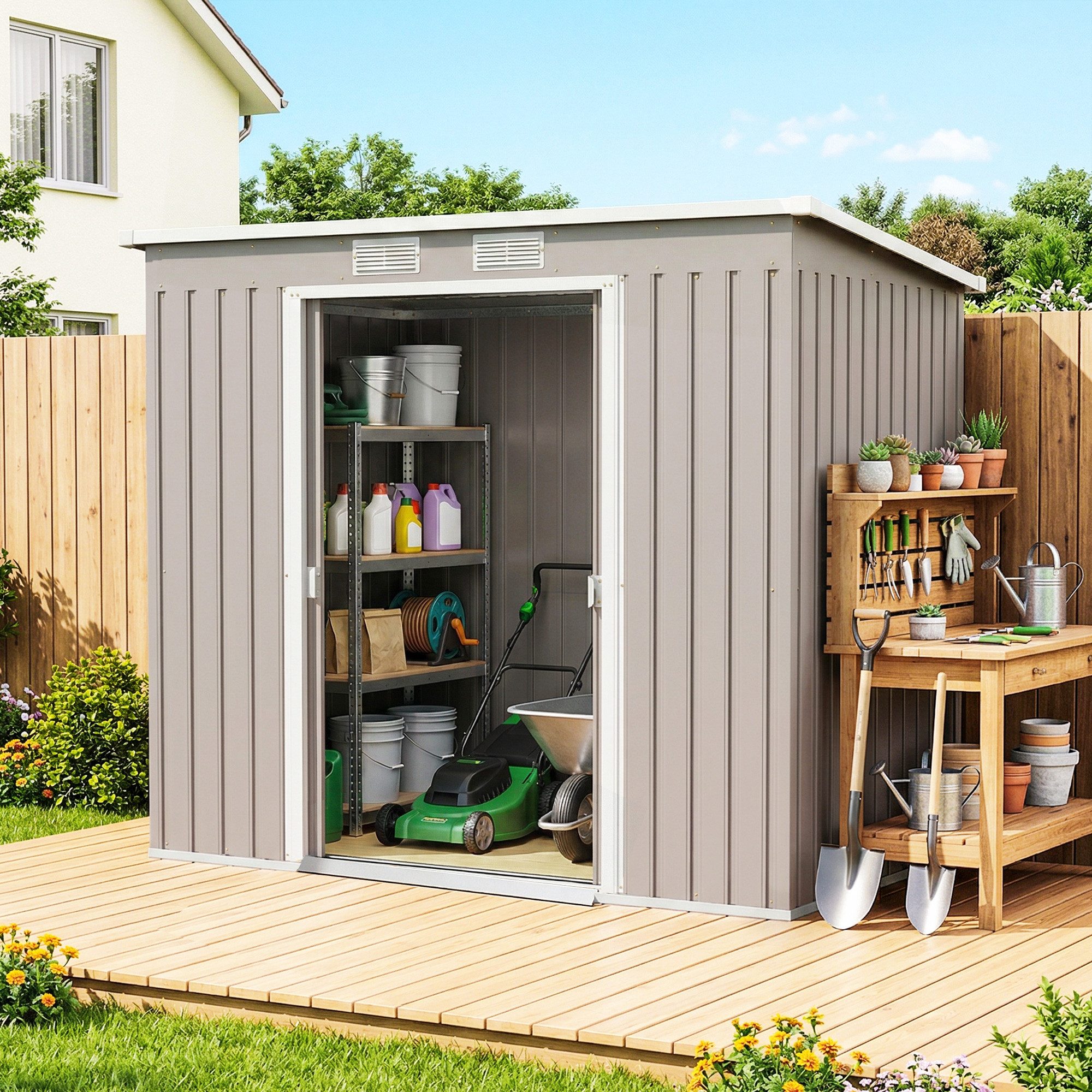 Outsunny Gerätehaus Metall Geräteschuppen, Pultdach, Abschließbar, BxT: 213x130 cm, (Geräteschuppen, 2 St., Gartenhaus), für Hinterhof Garten, Hellgrau