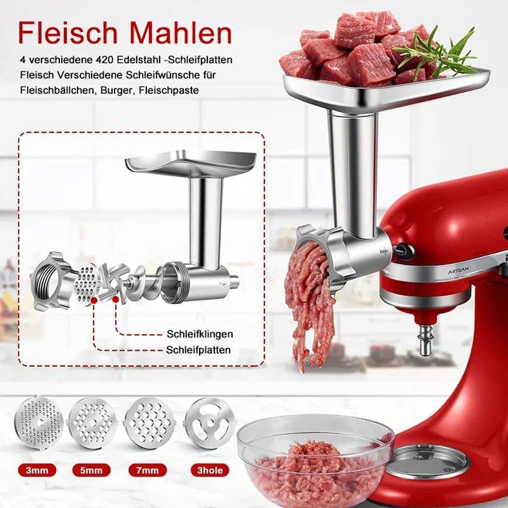 AMZCHEF Fleischwolfaufsatz DT-5-A, Zubehör für KitchenAid, Geeignet für alle KitchenAid-Modelle, Rostfreier Stahl