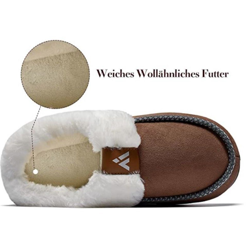 gefüttert, bequem, Hausschuh & Joy Latschen Memory-Foam Winter rutschfest) Fußbett Schlappen & Fell-Imitat (mit Home warm mit weich Pantoletten Fell Braun Pantoffeln Oslo Slipper