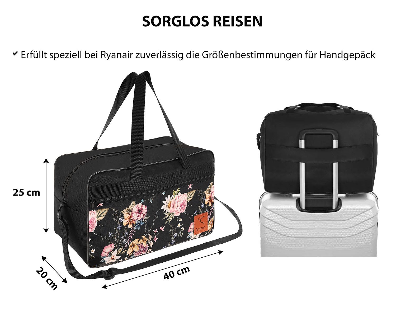 Granori Reisetasche 40x20x25 / 40x30x20 cm mit Blumenmuster (Handgepäck-Tasche für Damen), mit Seitentasche und Koffergriff-Schlaufe
