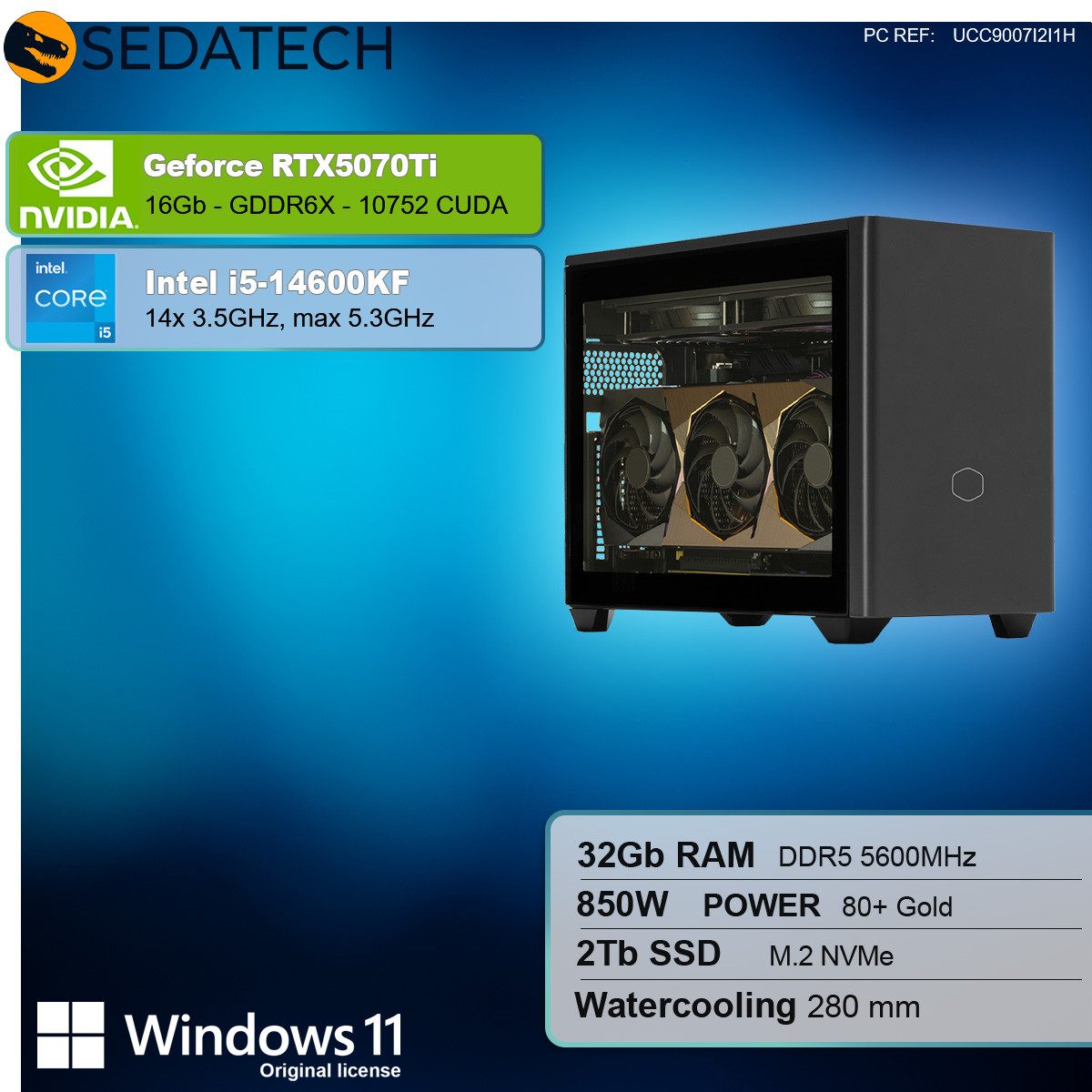 Sedatech UCC9007I2I1HF - Watercooling Workstation Business-PC (Intel Core i5 14600KF 14x 3.5GHz (max 5.3GHz), Geforce RTX5070Ti 16GB, 32 GB RAM, 2000 GB SSD, Watercooling, Wlan 6E)