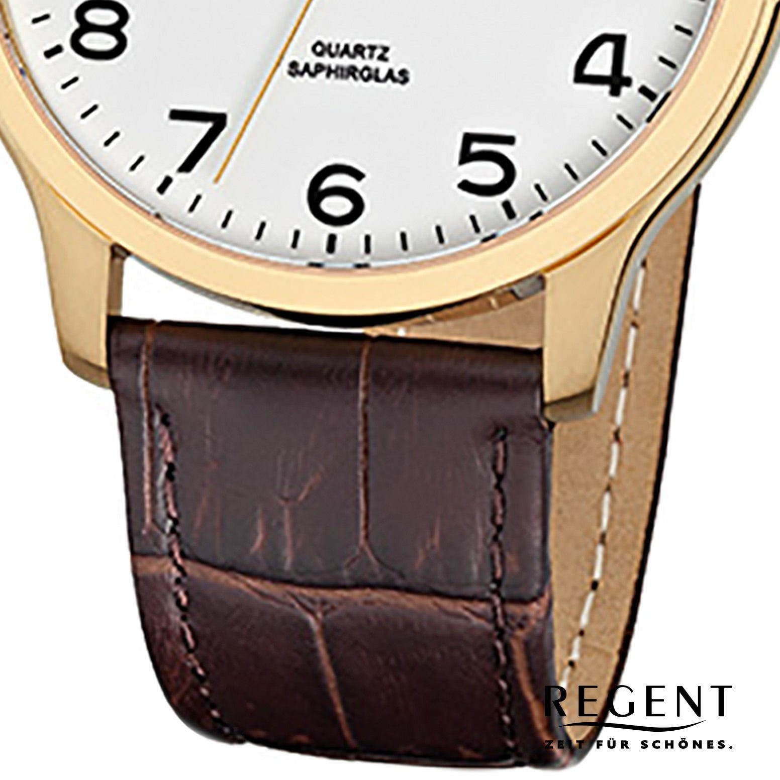 Regent Quarzuhr Regent Herren-Armbanduhr braun Armbanduhr (ca. mittel 39mm), Lederarmband Herren Analog, rund