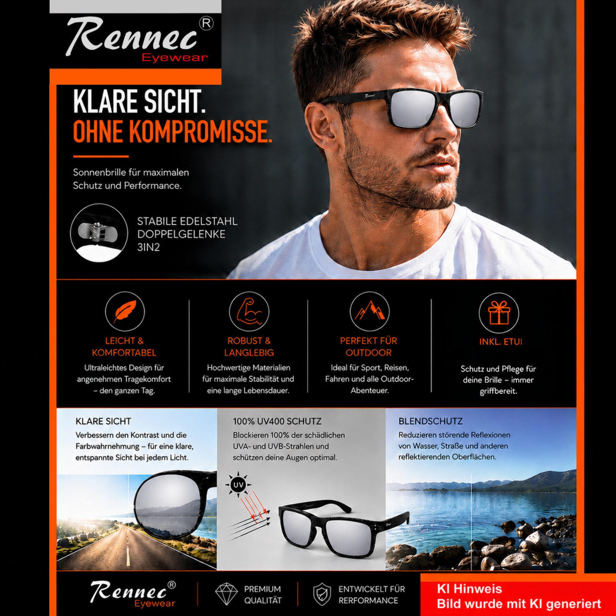 Rennec Sonnenbrille Herren Rechteckig Carbon Schwarz Design Silber Verspiegelt stabile Edelstahl Bügelgelenke, Markenschriftzug, UV400 Gläser – Bild 5 von 5