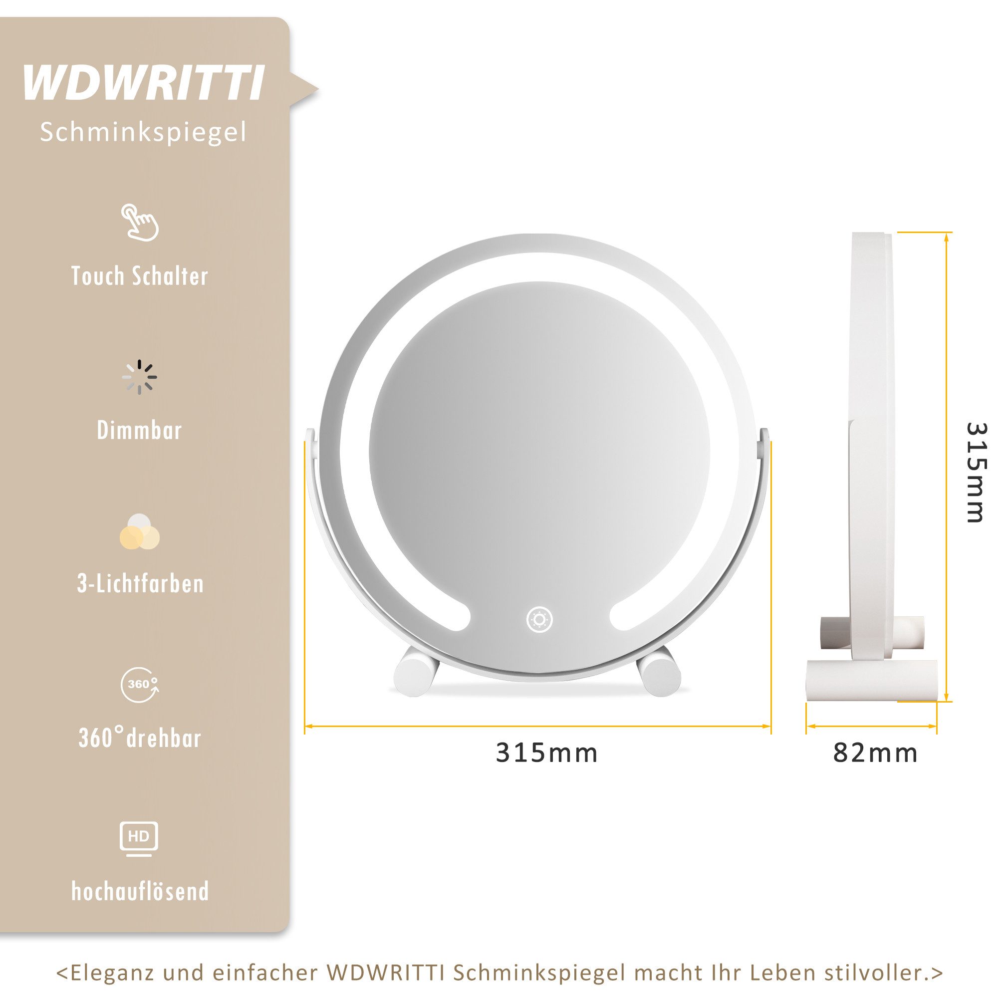 WDWRITTI Schminkspiegel mit Beleuchtung für tisch Kosmetikspiegel 3Lichtfarben Dimmbar Touch (Tischspiegel Rund Rundbogen Rechteckig, mit Touch, LED), HD Kupfer- und bleifreier Spiegel, Stabile Standfuß