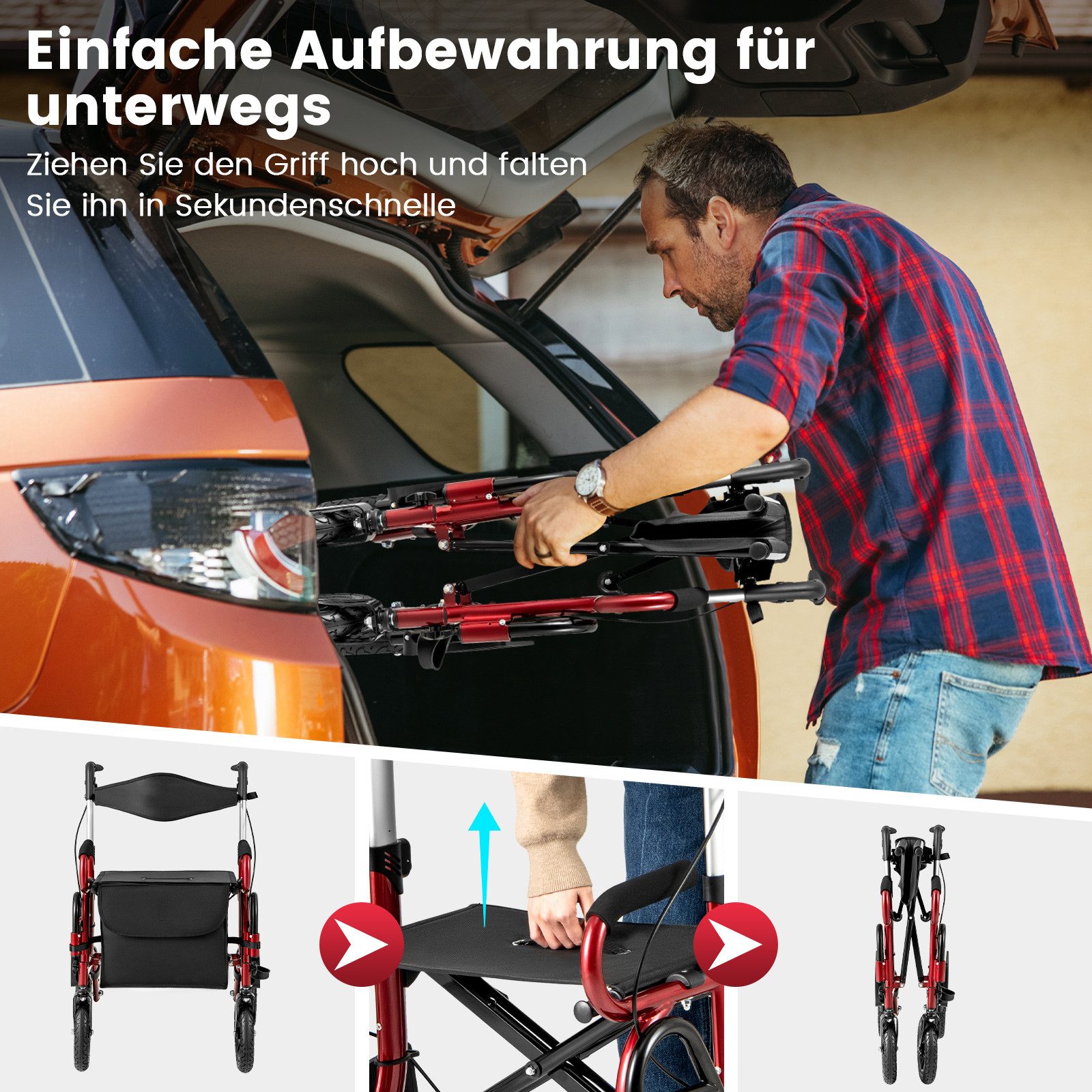 COSTWAY Rollator, mit Luftbereifung & faltbar, Aluminium, bis 140 kg
