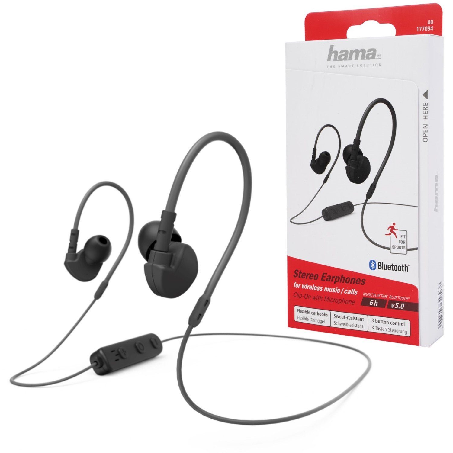 Hama Sport Run BT Kopfhörer Bluetooth Headset Black Smartphone-Headset  (Anruffunktion, Bluetooth, Mikrofon, Wiedergabe-Steuerung, Bluetooth 5.0,  Schweißfest, Anruf-Funktionen, Wiedergabe-Steuerung, mit Mikrofon)