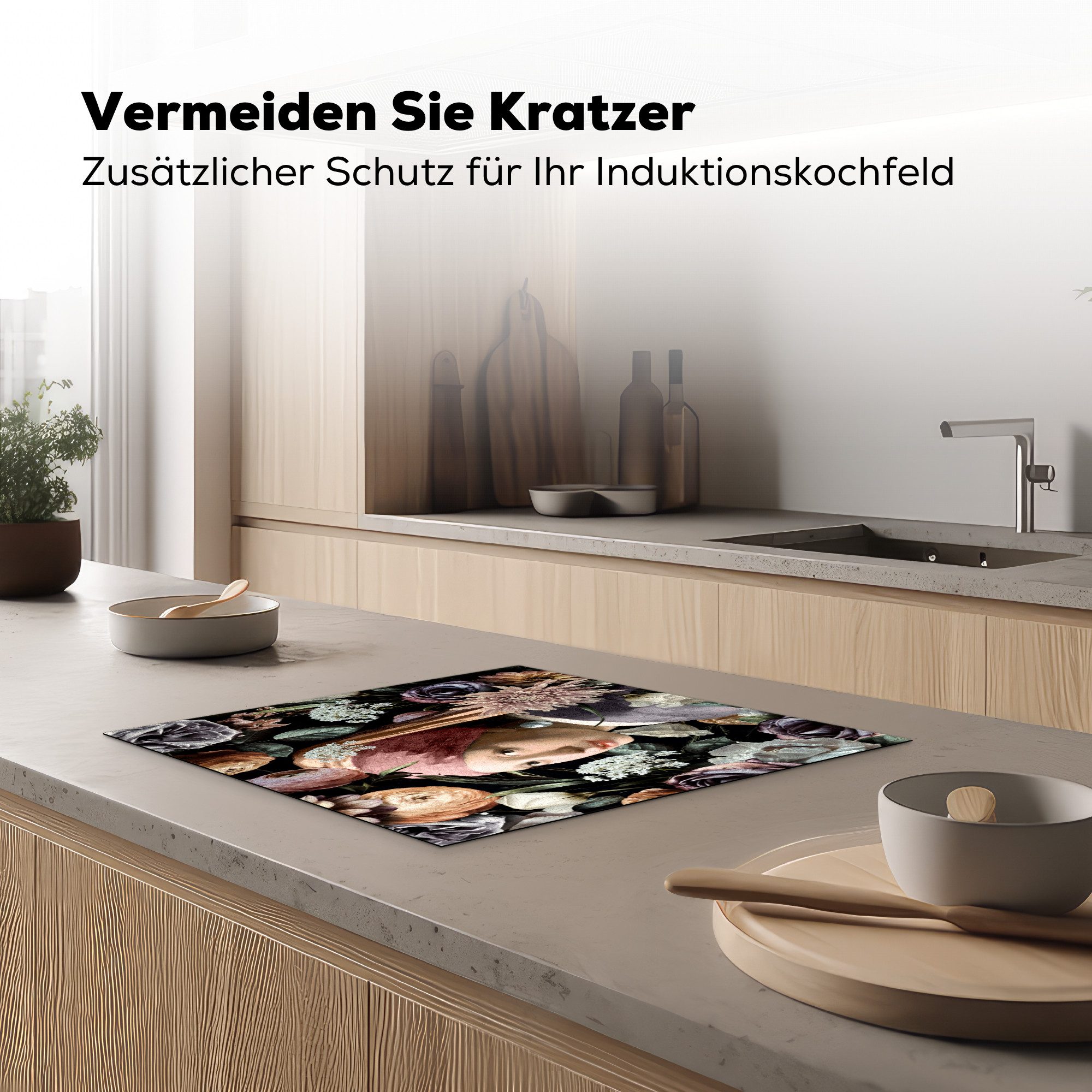 MuchoWow Herd-Abdeckplatte Mädchen mit Perlenohrring - Blumen - Vermeer - Pastell - Kunstwerk - G, Vinyl, (1 tlg), Cerankochfeld Abdeckung, Herd Abdeckplatten Vinyl, 58x51 cm