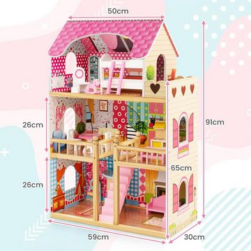 KOMFOTTEU Puppenhaus, multifunktionales Dollhaus mit 6 Zimmer & komplettem Spielzubehör