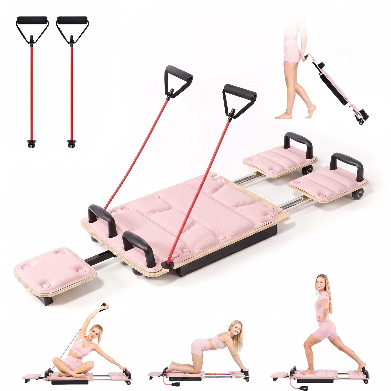 Hausright Pilates-Reformer Pilates Board 118–200 cm ausziehbar, Birkenholz, bis 120 kg, Leise PU-Rollen, Gleitschienen, gepolsterte …