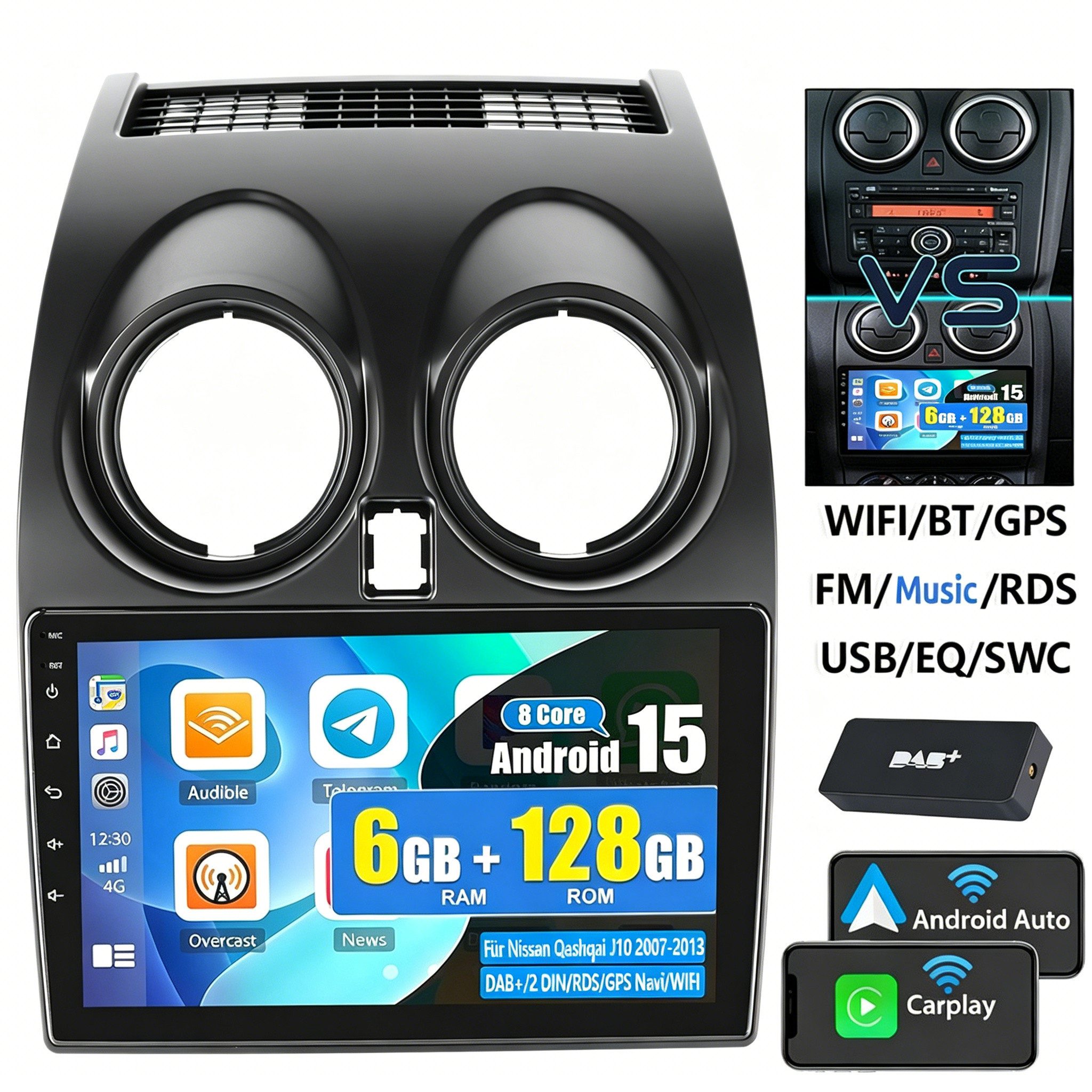 ESSGOO DAB+ Android 15 Für Nissan Qashqai J10 2007-2016 Autoradio 6+128G Autoradio (6GB+128GB, RDS, 4G, FM, AM, DAB+ (optional), Carplay Android Auto Bluetooth EQ USB GPS Navi WIFI Touchscreen)