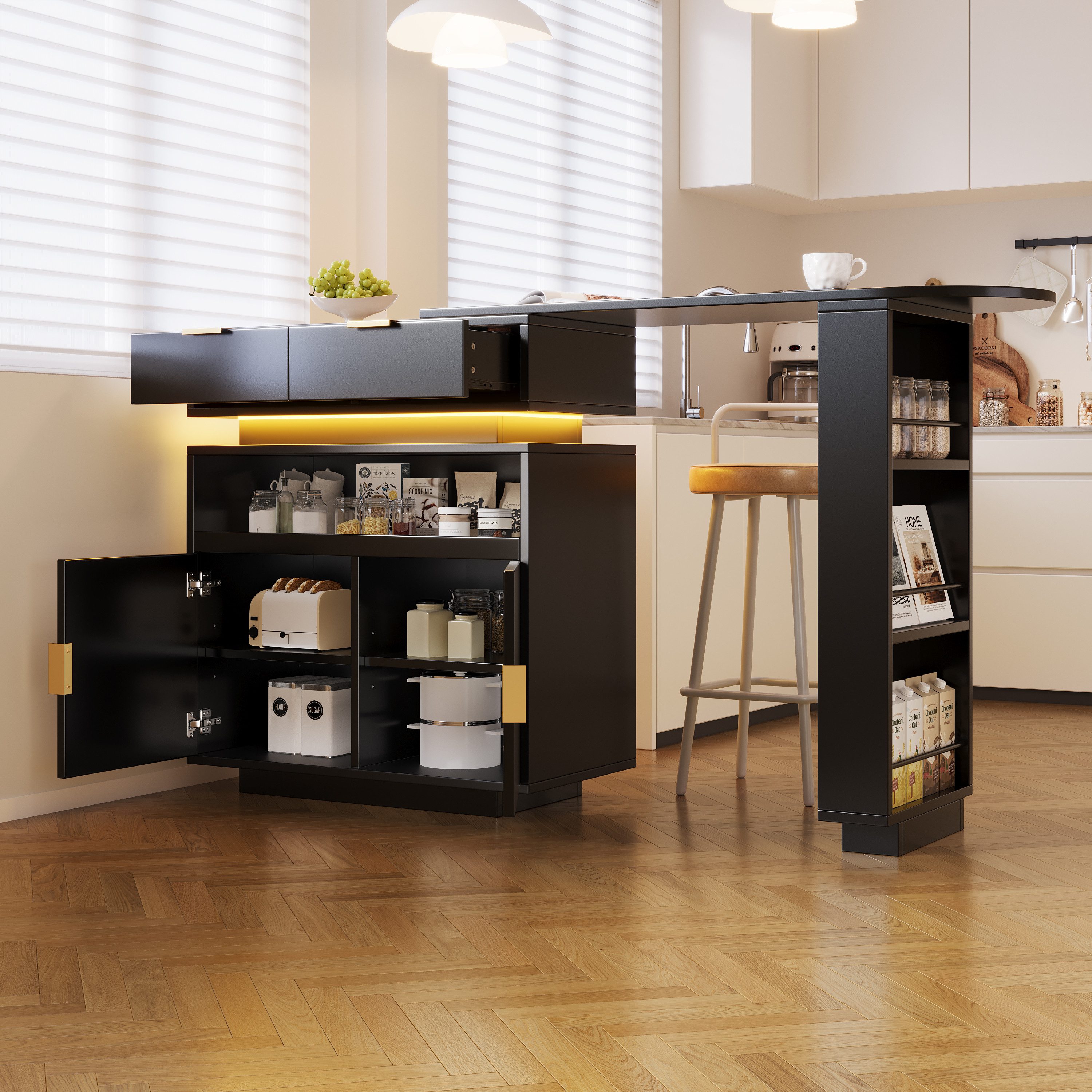 HAUSS SPOLE Bartisch Ausziehbar mit drehbare Platte und LED,Stehtisch kücheninsel Schwarz