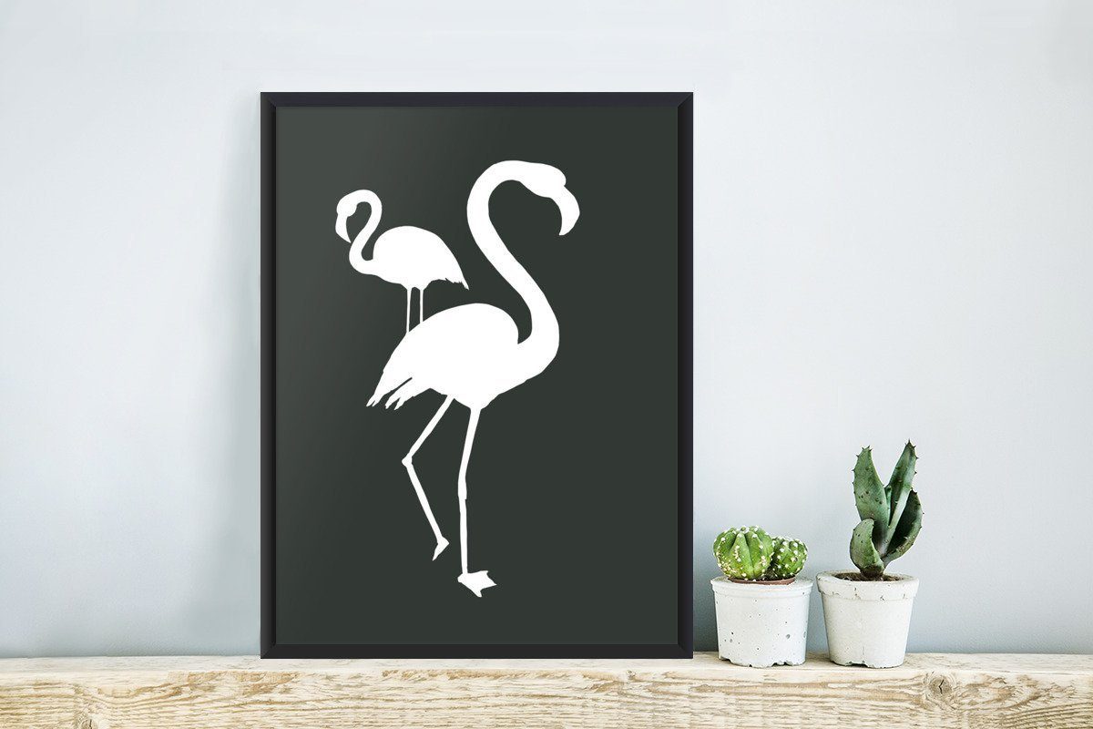 Illustration - Bilderrahmen MuchoWow Poster Wandposter, - Gerahmtes Weiß, Schwarzem Flamingo St), (1 Wanddeko, Poster, Bilder,