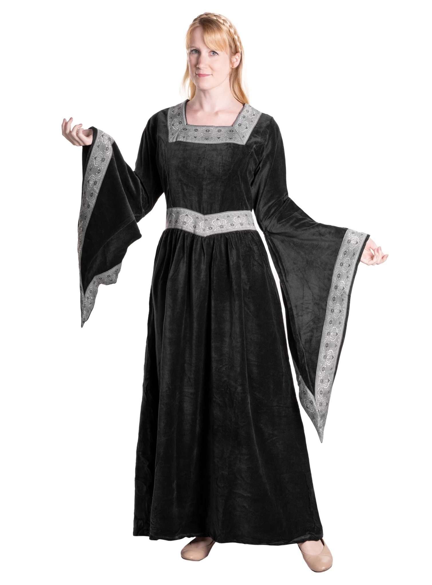 Metamorph Hexen-Kostüm Zauberin Samtkleid mit Trompetenärmeln schwarz, Hochwertige und authentische Mittelalterkleidung zu unschlagbar günst