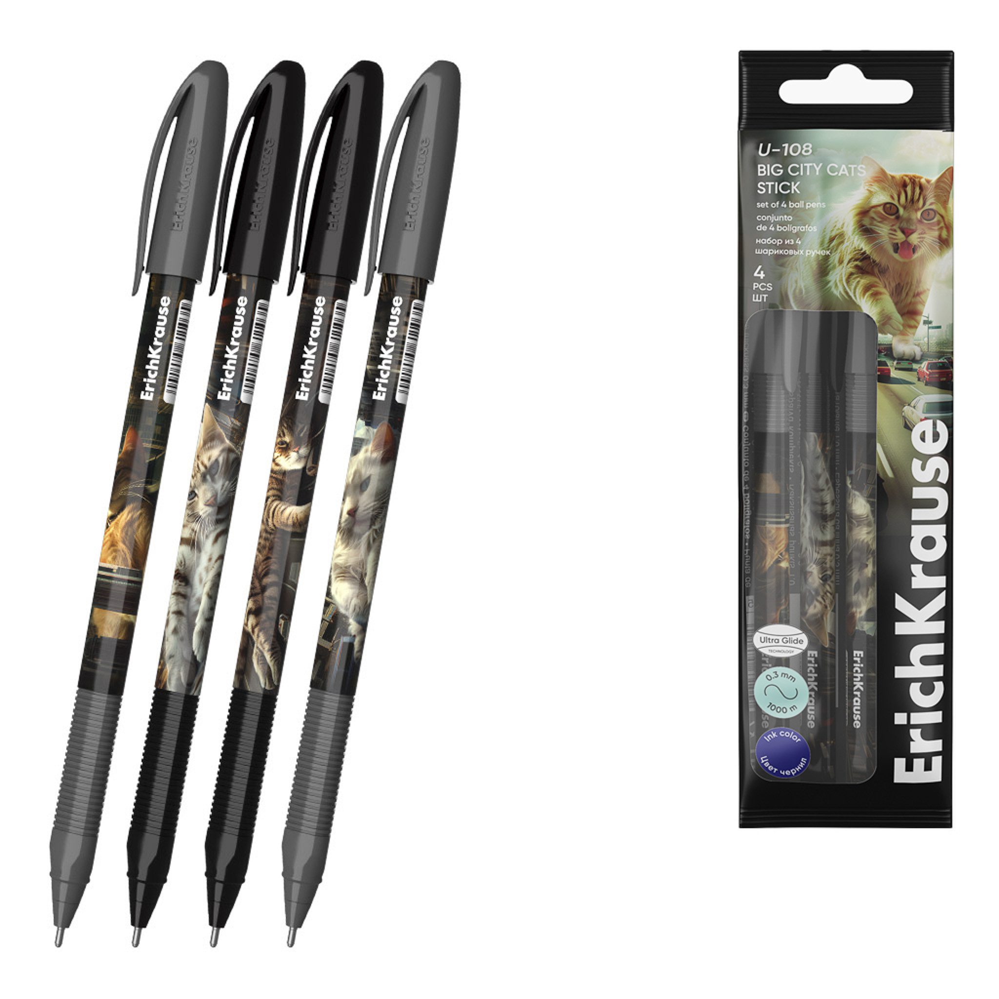 Erich Krause Kugelschreiber, Kugelschreiber U-108 Katzen Motiv 1,0mm 4er Set Blau