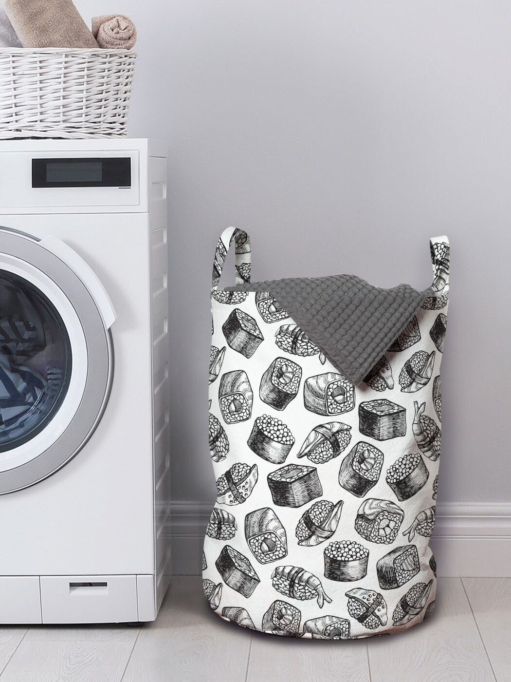 Wäschekorb Verschiedene Weinlese-Grafik Griffen mit Waschsalons, für Sushi Rolls Wäschesäckchen Kordelzugverschluss Abakuhaus