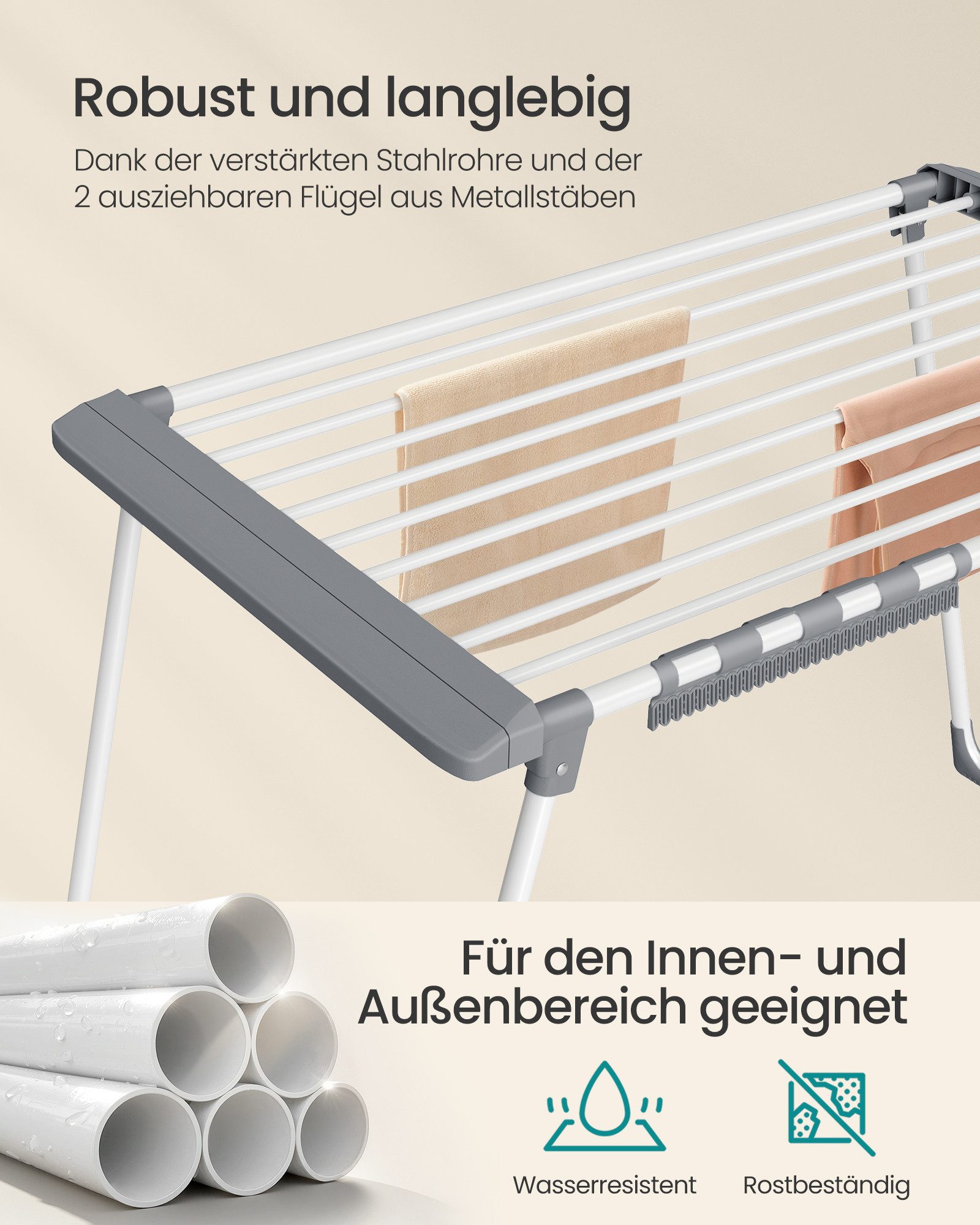 SONGMICS Wäscheständer Standtrockner, mit Sockenhalter, Metall, für Kleidung, Handtücher, ausziehbare Flügel, 22 m Trockenfläche, klappbar, perlweiß-taubengrau – Bild 4 von 5