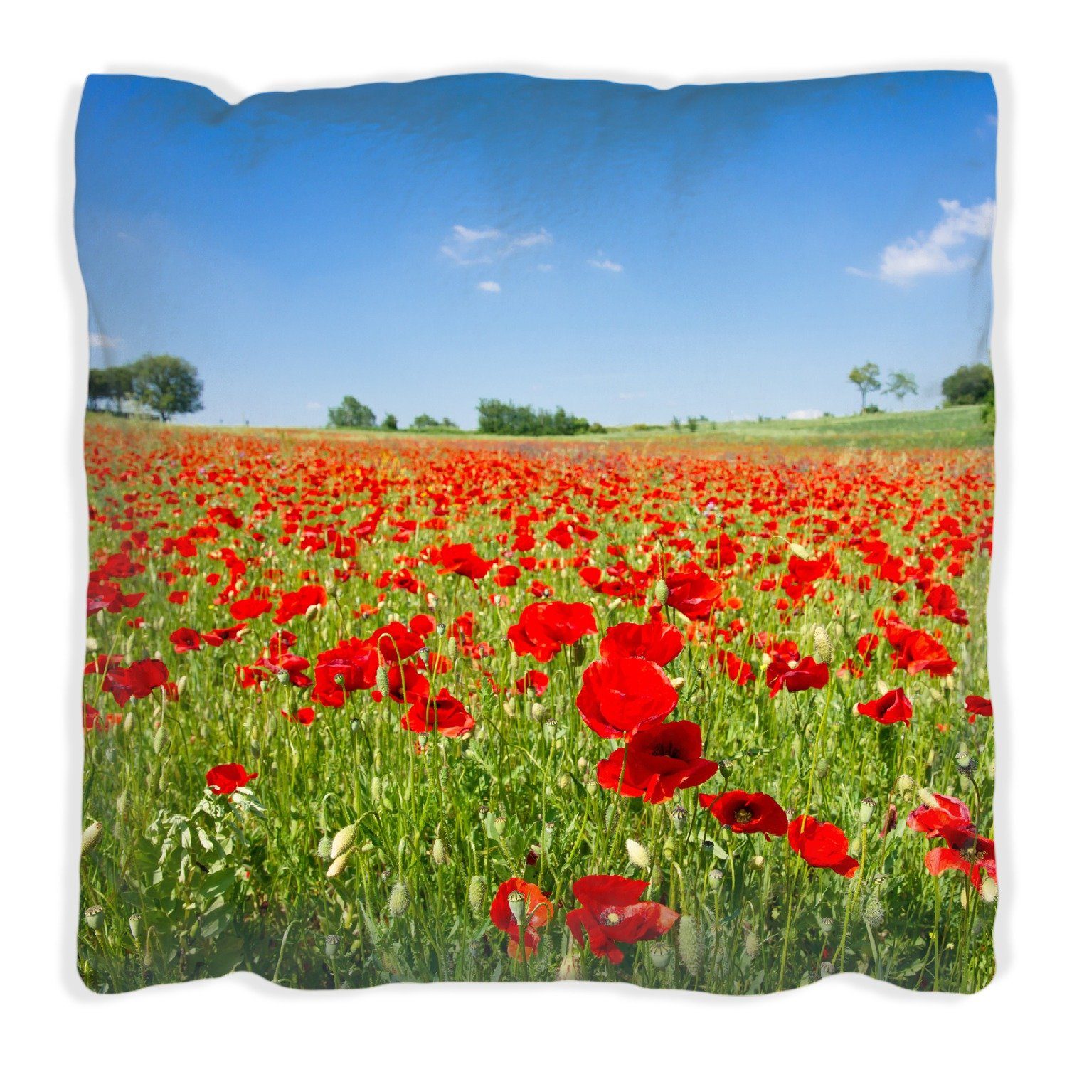 Wallario Dekokissen Mohnblumenfeld- rote Blumen unter blauem Himmel, handgenäht