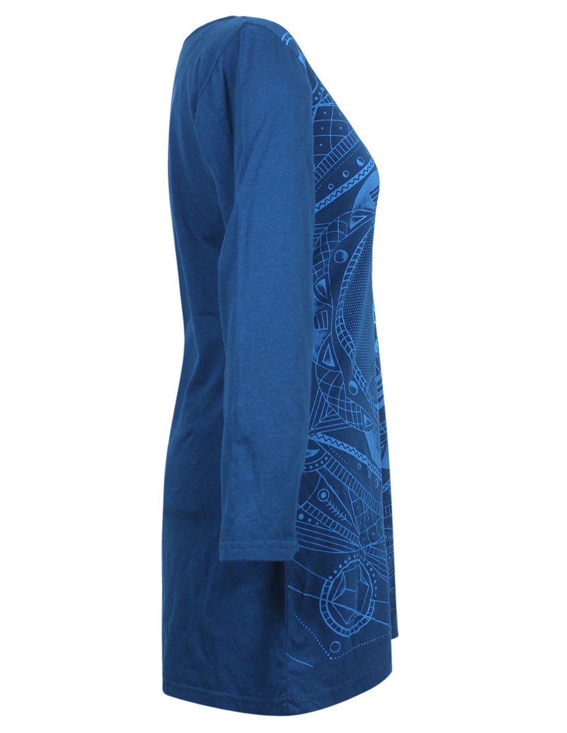 Hippie Druck Buddha türkis Style Midikleid Übergangskleid, mit Baumwollkleid Shirtkleid Vishes Langarm