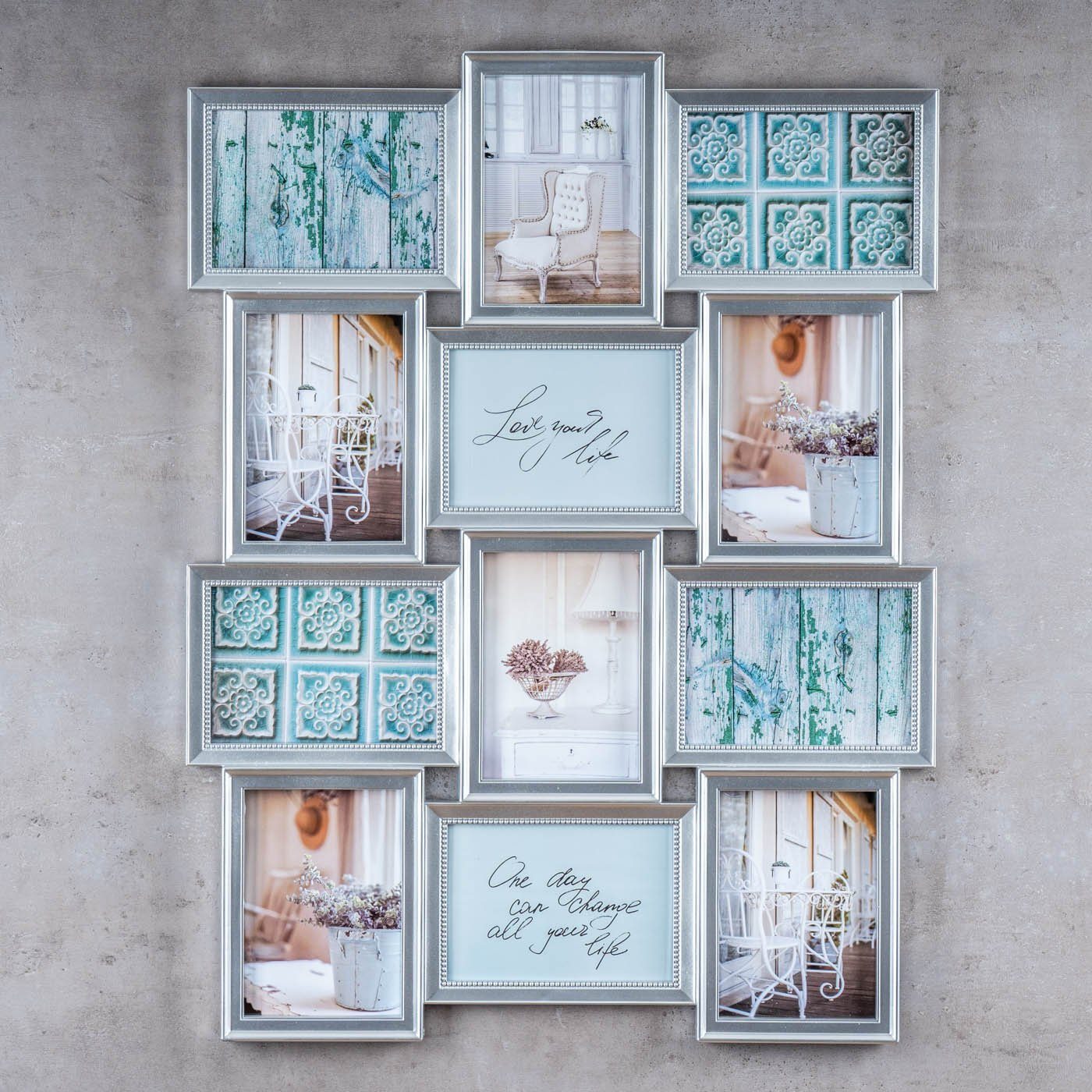 Levandeo® Bilderrahmen Collage, Bilderrahmen 54x72cm 12 Fotos 13x18cm Silber Antik Glas Collage