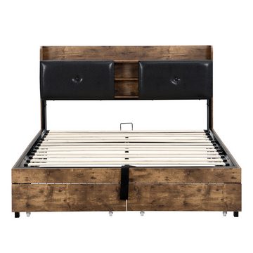 PHOEBE CAT Holzbett (Hydraulisches Doppelbett Metallbett 160x200cm), mit Stauraumkopfteil, 2 Schubladen, Lattenrost aus Holz, Ohne Matratze