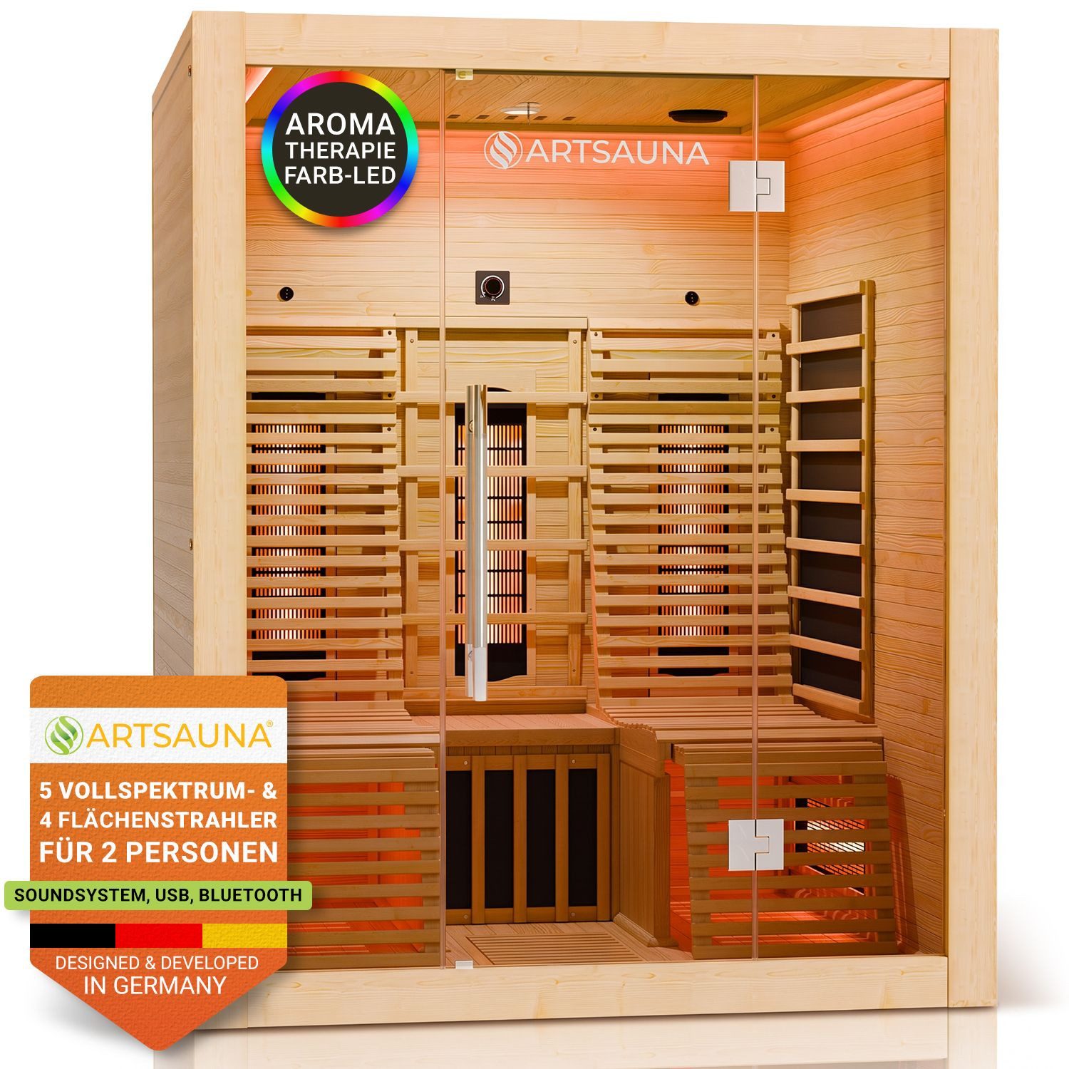 Artsauna Infrarotkabine Helsinki150 Dual-Technologie, für 3 Personen, Hemlockholz, HiFi-System, Ionisator, LED-Farblicht