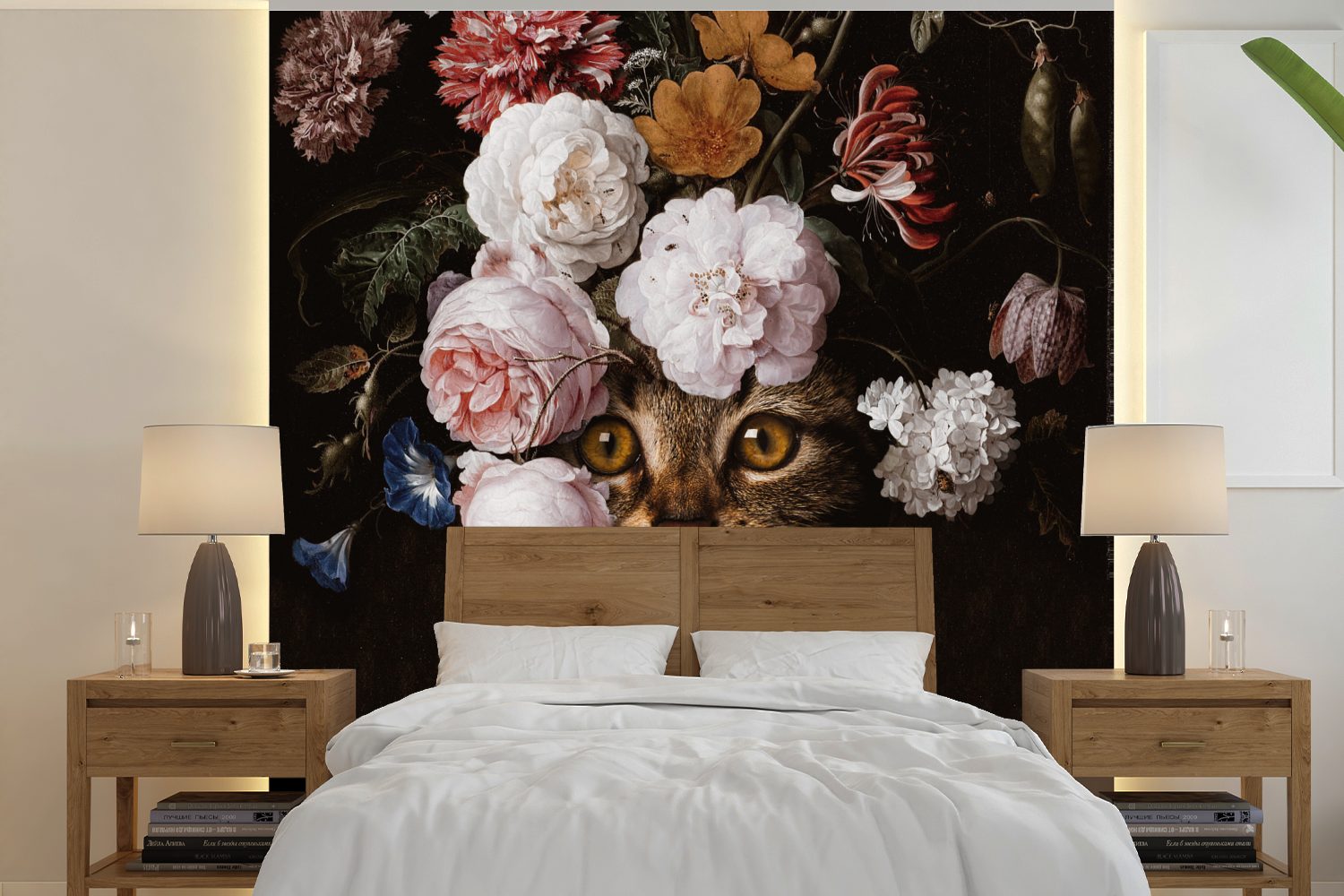 MuchoWow Fototapete Katze - Blumen - Haustier, Matt, bedruckt, (5 St), Vinyl Tapete für Wohnzimmer oder Schlafzimmer, Wandtapete