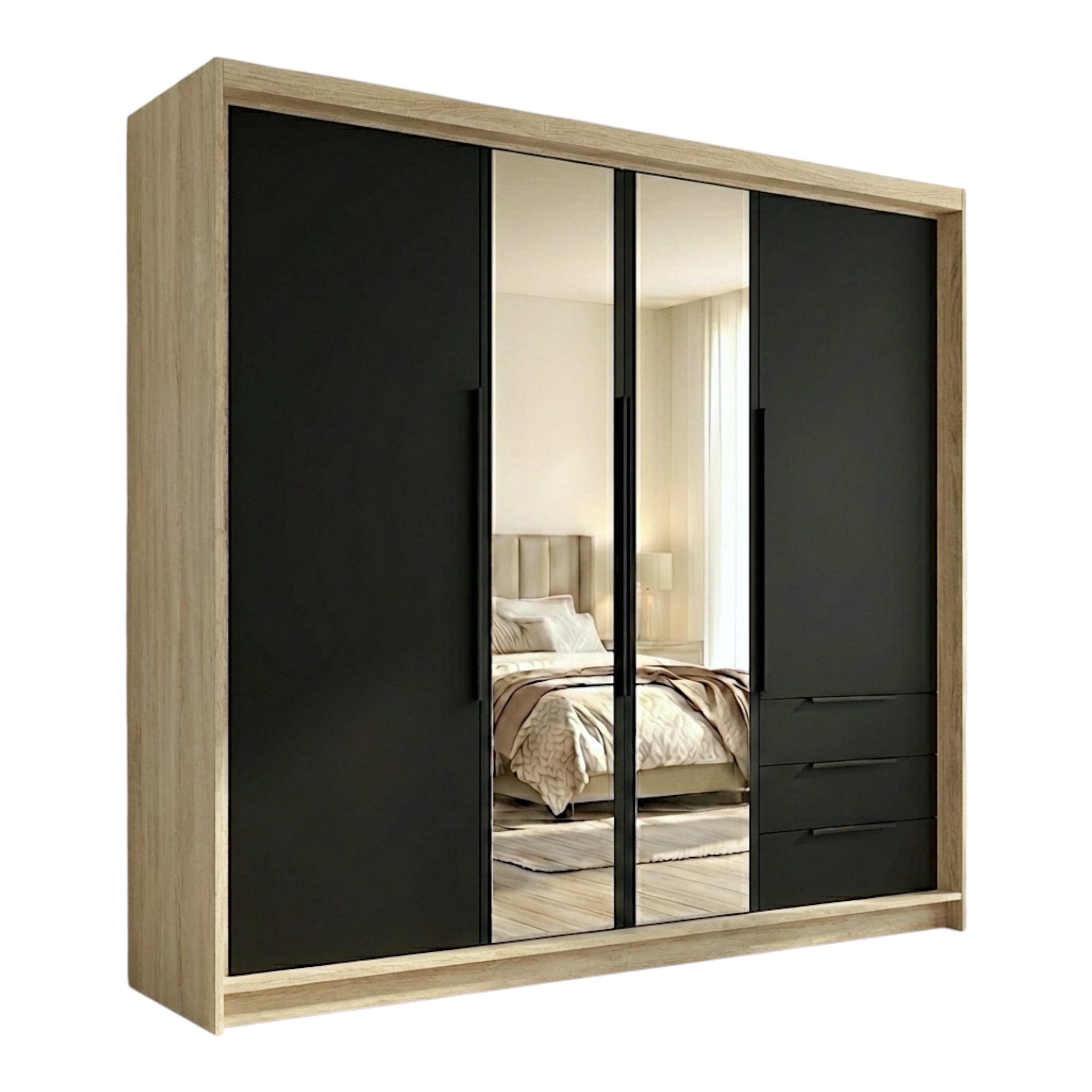 A&J MöbelLand GmbH Drehtürenschrank VIVO mit integrierten Schubladen (Geräumiger vier¬türiger Kleiderschrank mit Schubladen und Metallgriffen. Geräumiger Schrank mit einer Breite von 200 cm und Schubladen, ideal zur Aufbewahrung von Kleidung und Accessoires. Viel Stauraum. TOP PRODUKT! Wählen Sie das ideale Modell für Ihr Schlafzimmer!, TOP ANGEBOT) Breite: 200 cm, Höhe: 215 cm, Tiefe: 59,5 cm